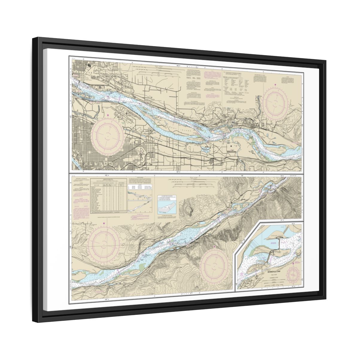 Chart 18531 Columbia River Vancouver to Bonneville; Bonneville Dam - NOAA Nautical Chart Floating Frame Canvas | 32" x 24" | 40" x 30" - Black side
