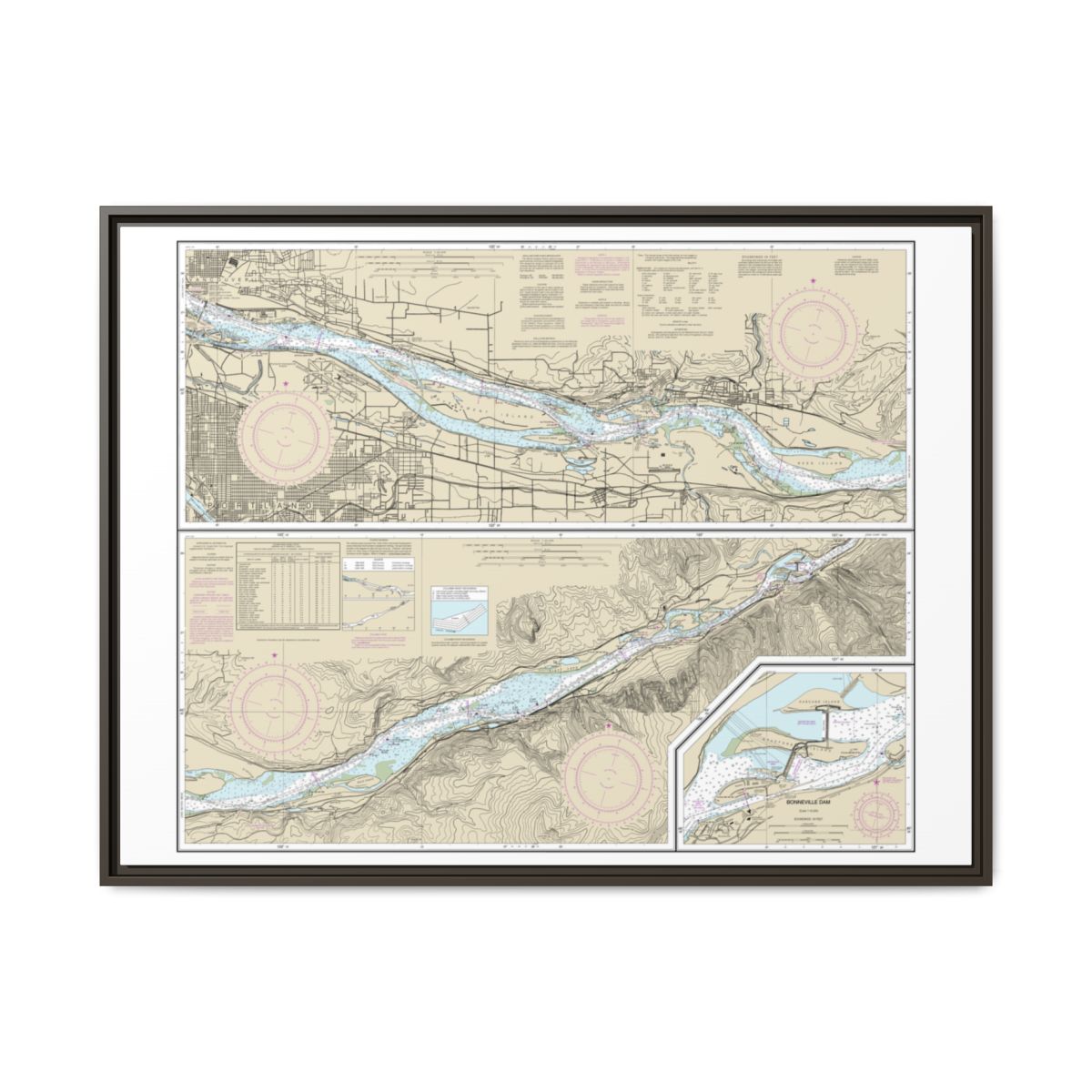 Chart 18531 Columbia River Vancouver to Bonneville; Bonneville Dam - NOAA Nautical Chart Floating Frame Canvas | 32" x 24" | 40" x 30" - Espresso front