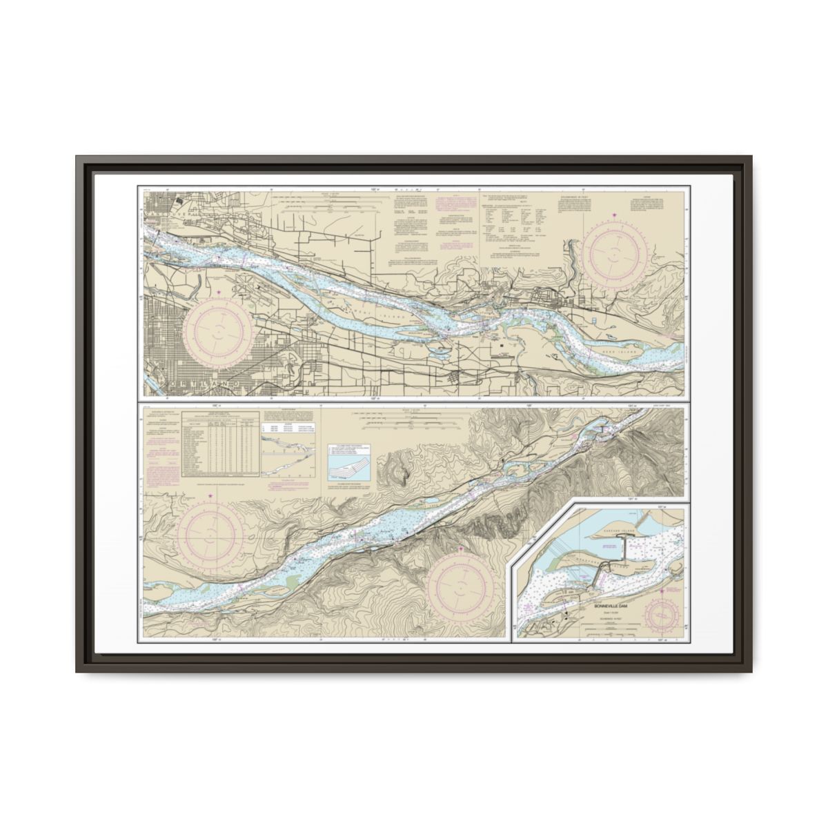Chart 18531 Columbia River Vancouver to Bonneville; Bonneville Dam - NOAA Nautical Chart Floating Frame Canvas | 32" x 24" | 40" x 30" - Espresso front