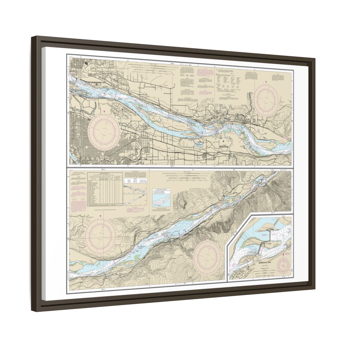 Chart 18531 Columbia River Vancouver to Bonneville; Bonneville Dam - NOAA Nautical Chart Floating Frame Canvas | 32" x 24" | 40" x 30" - Espresso side