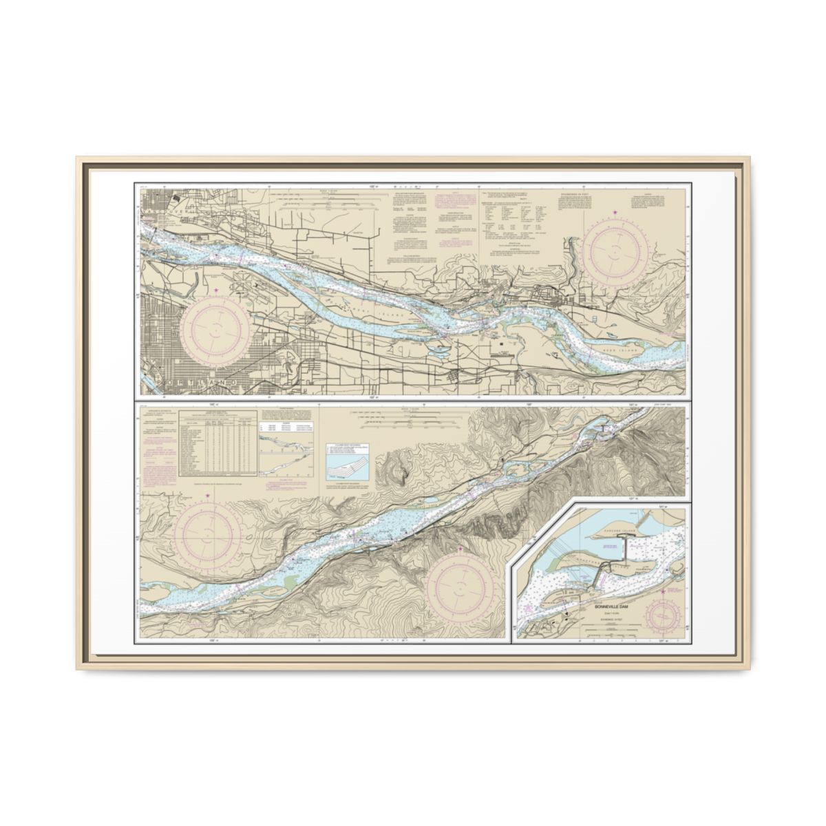 Chart 18531 Columbia River Vancouver to Bonneville; Bonneville Dam - NOAA Nautical Chart Floating Frame Canvas | 32" x 24" | 40" x 30" - Natural front