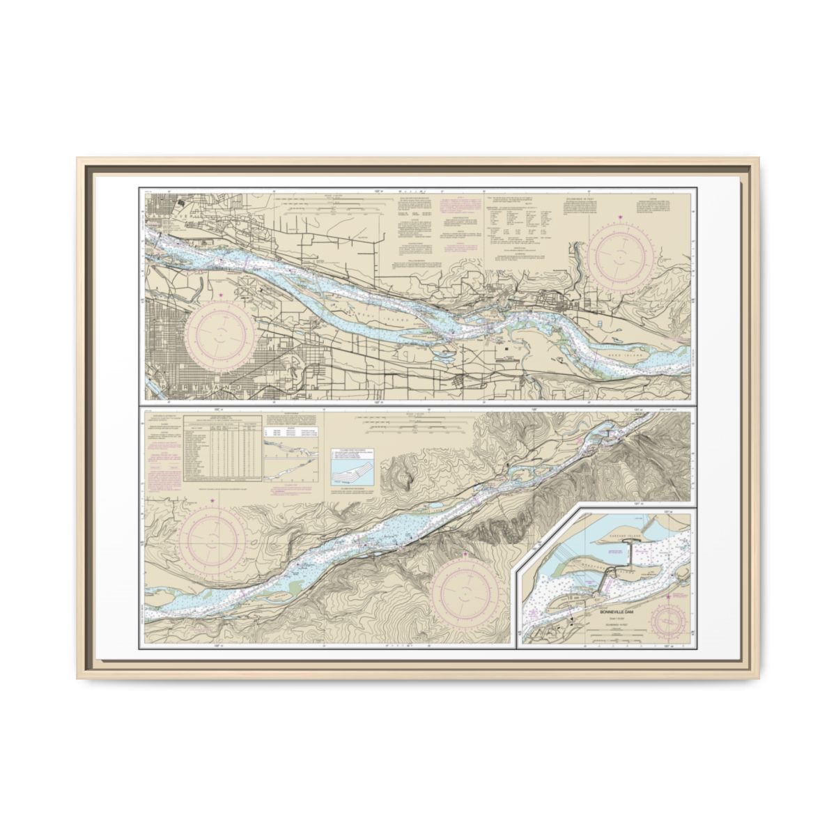 Chart 18531 Columbia River Vancouver to Bonneville; Bonneville Dam - NOAA Nautical Chart Floating Frame Canvas | 32" x 24" | 40" x 30" - Natural front