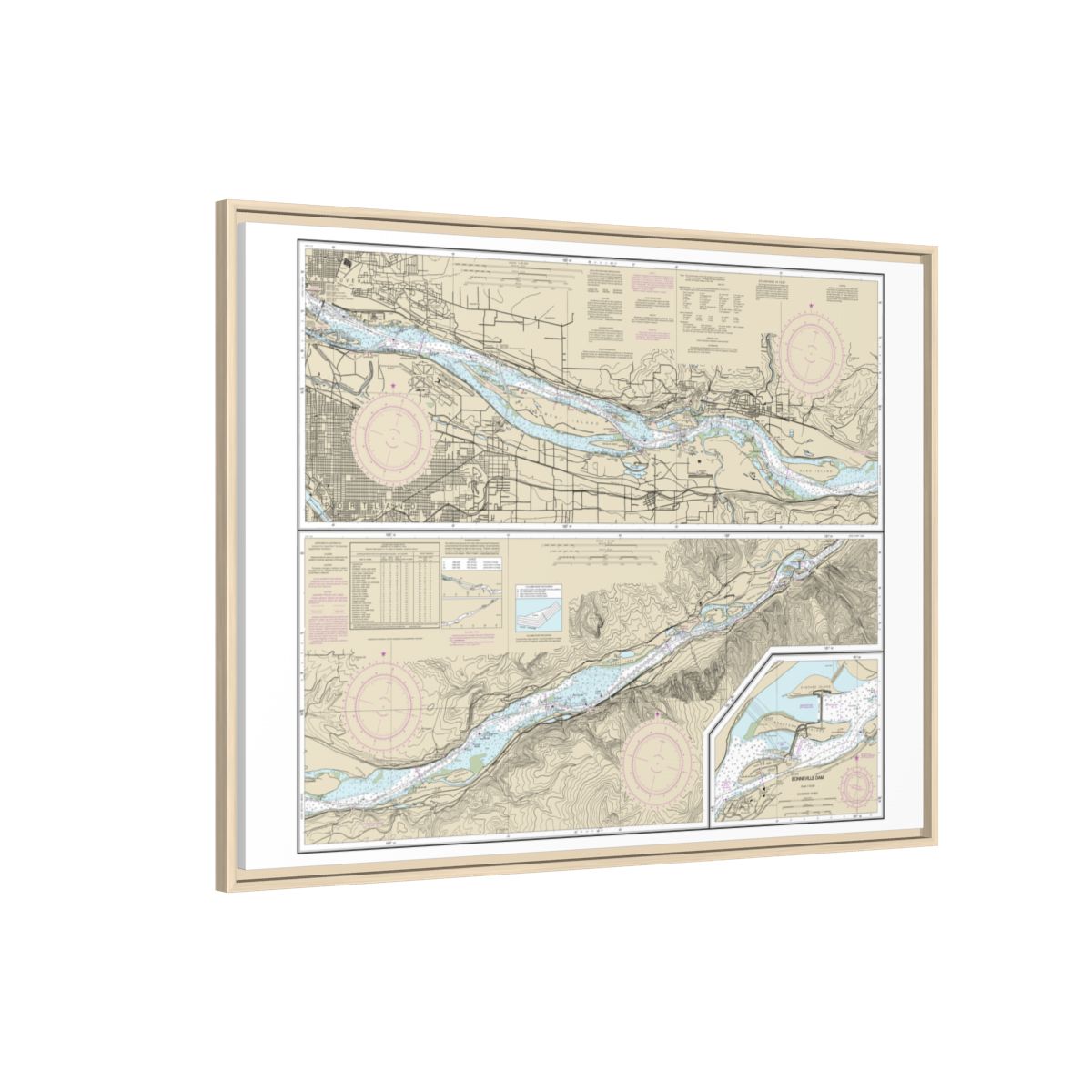 Chart 18531 Columbia River Vancouver to Bonneville; Bonneville Dam - NOAA Nautical Chart Floating Frame Canvas | 32" x 24" | 40" x 30" - Natural side