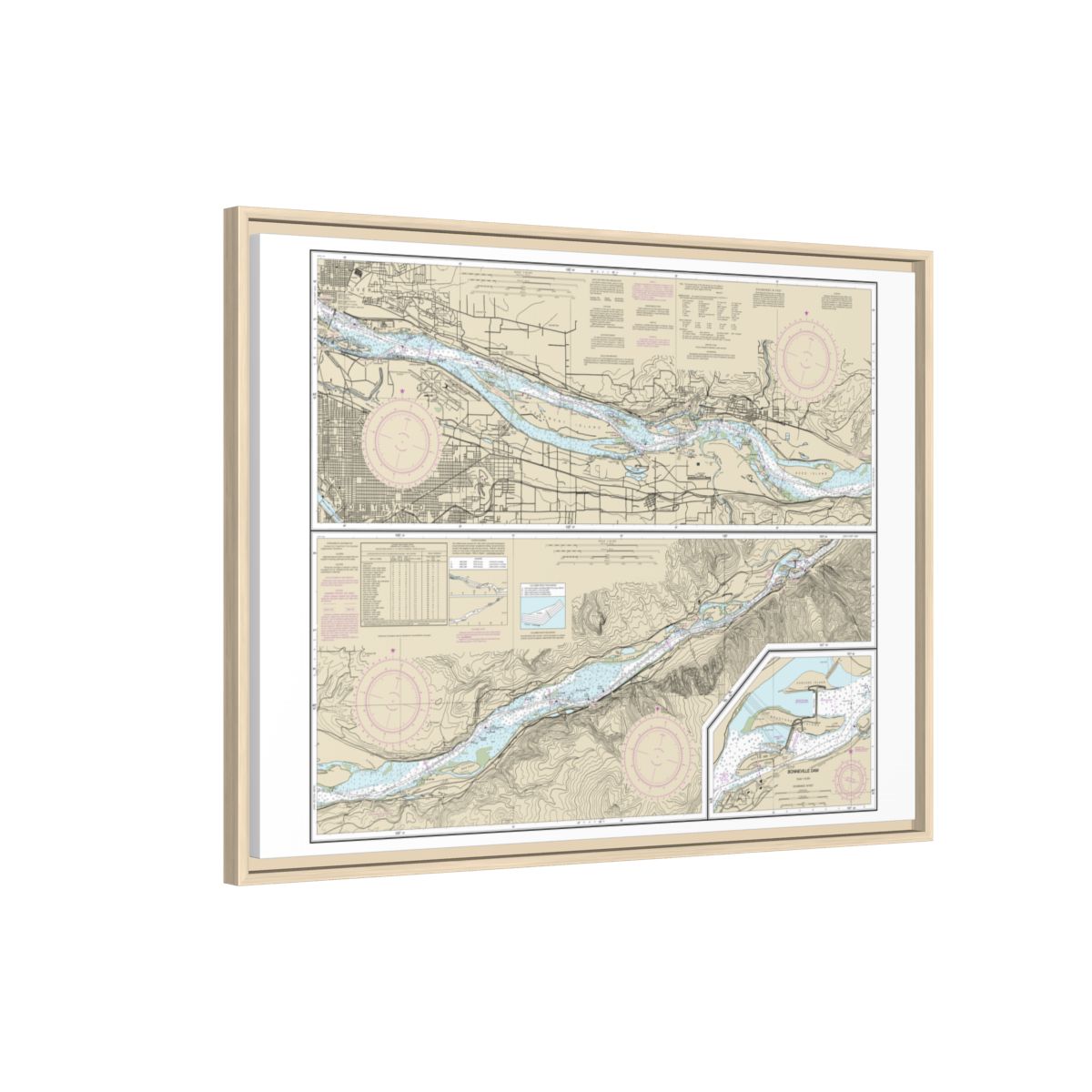 Chart 18531 Columbia River Vancouver to Bonneville; Bonneville Dam - NOAA Nautical Chart Floating Frame Canvas | 32" x 24" | 40" x 30" - Natural side