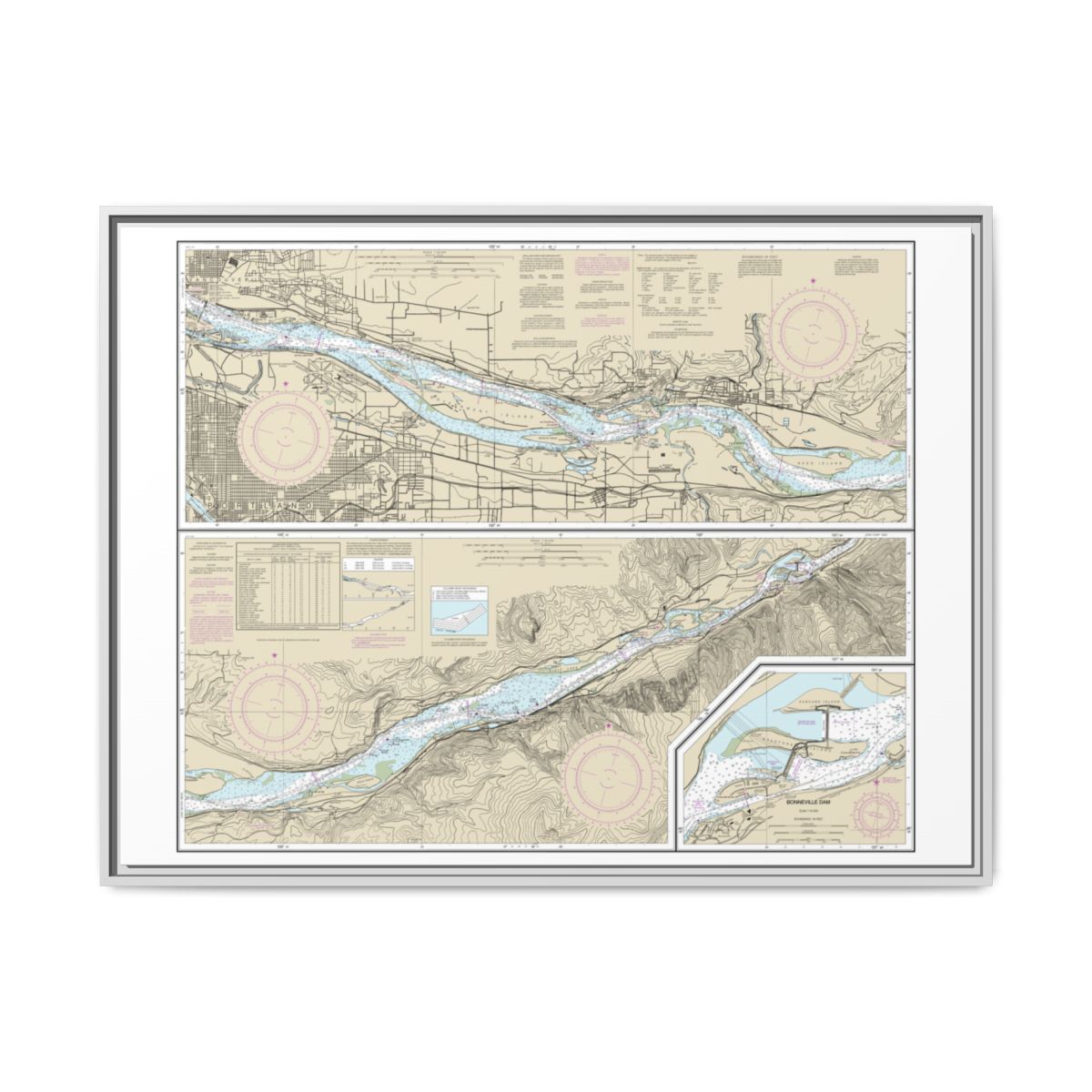 Chart 18531 Columbia River Vancouver to Bonneville; Bonneville Dam - NOAA Nautical Chart Floating Frame Canvas | 32" x 24" | 40" x 30" - White front