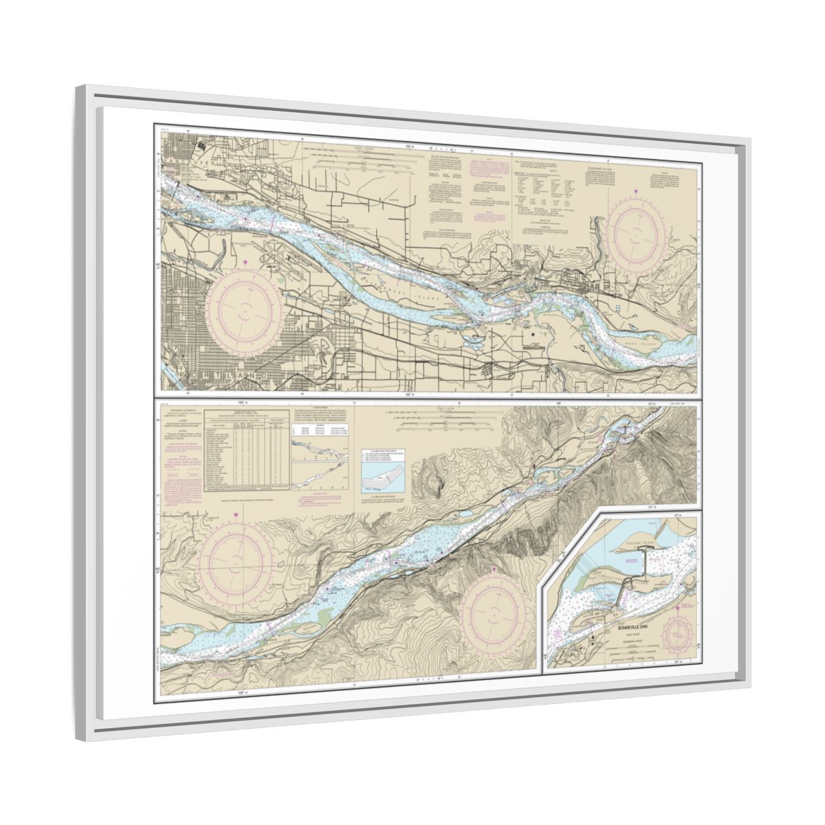 Chart 18531 Columbia River Vancouver to Bonneville; Bonneville Dam - NOAA Nautical Chart Floating Frame Canvas | 32" x 24" | 40" x 30" - White side