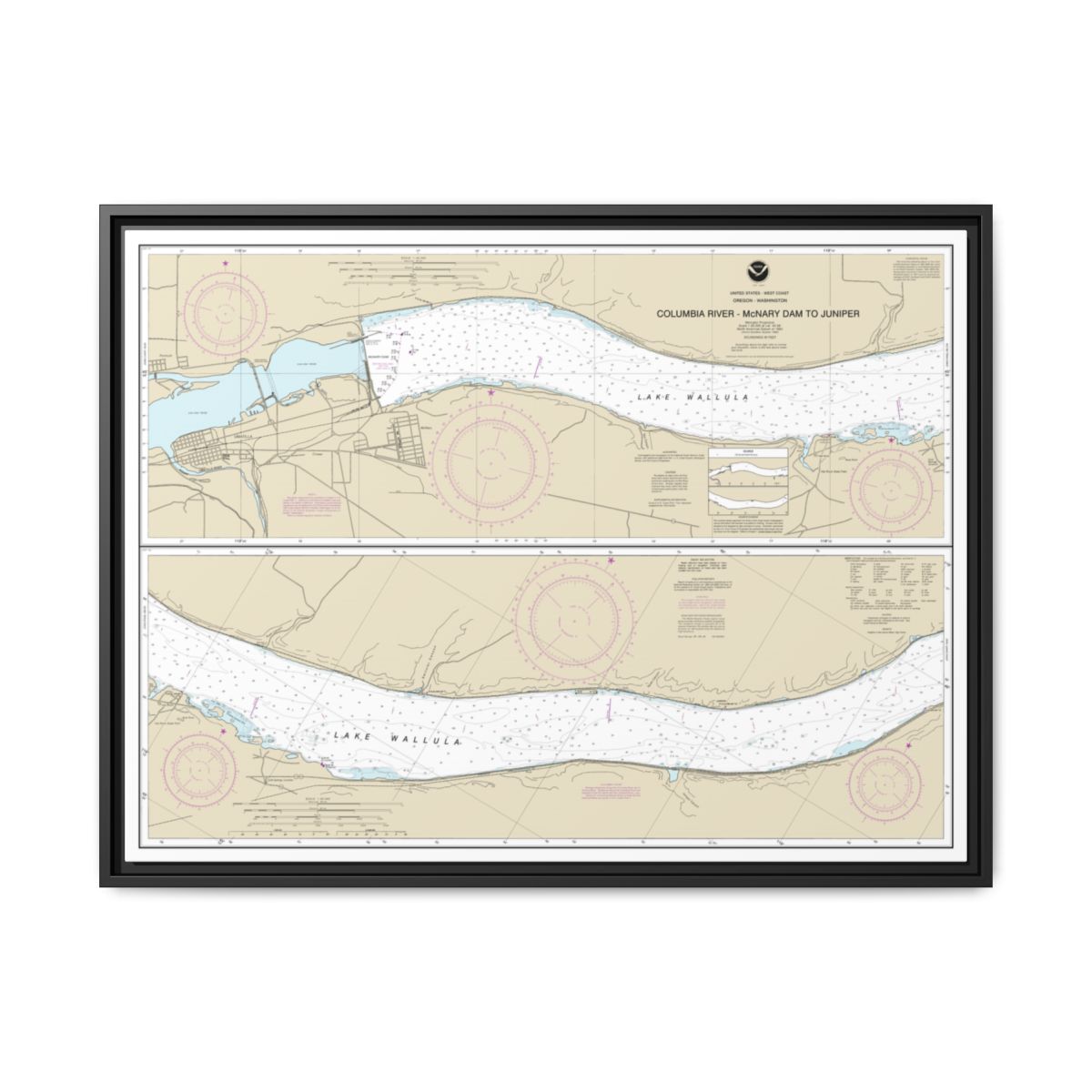 Chart 18541 Columbia River-McNary Dam to Juniper - NOAA Nautical Chart Floating Frame Canvas | 32" x 24" | 40" x 30" - Black front