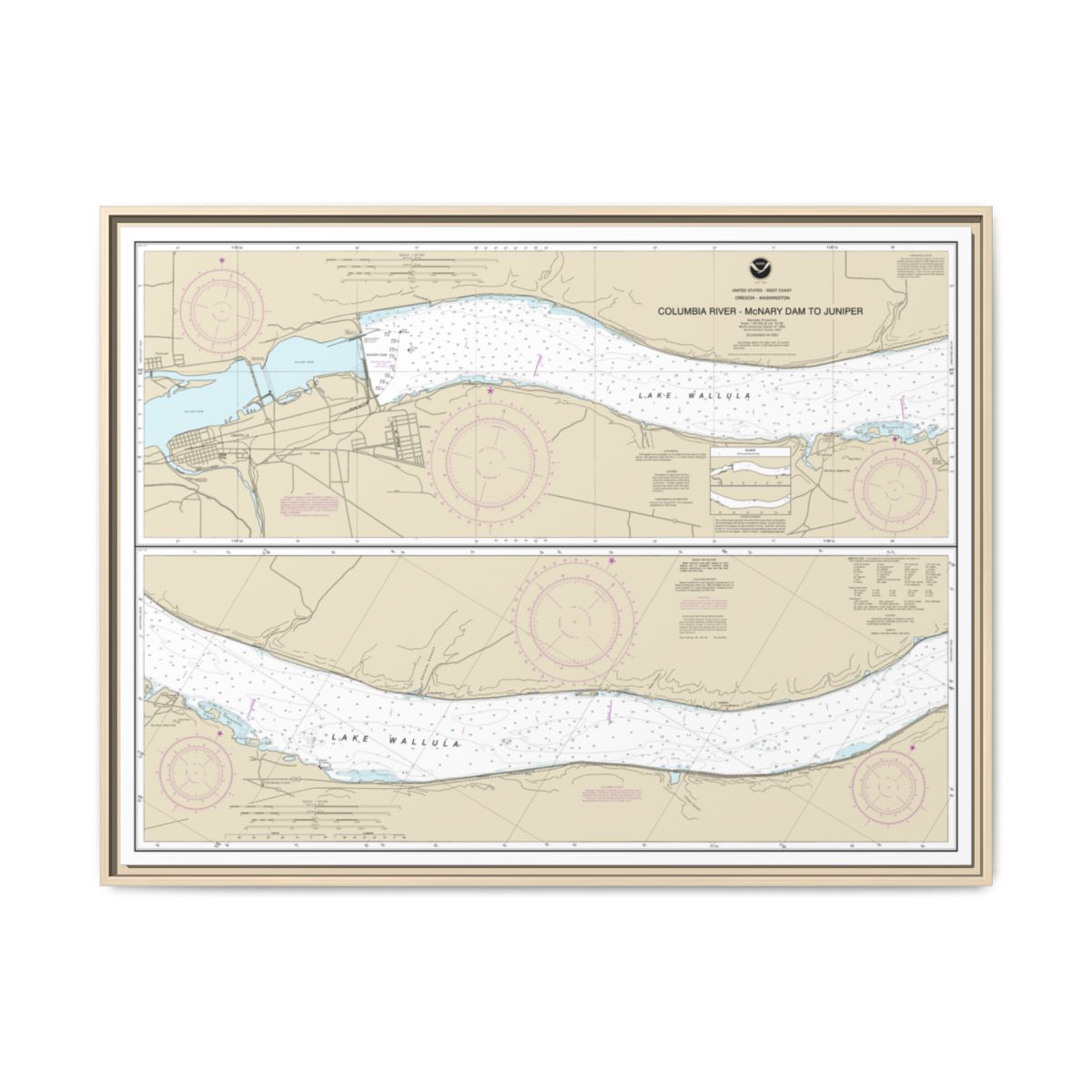 Chart 18541 Columbia River-McNary Dam to Juniper - NOAA Nautical Chart Floating Frame Canvas | 32" x 24" | 40" x 30" - Natural front