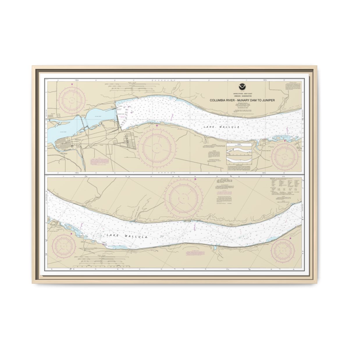 Chart 18541 Columbia River-McNary Dam to Juniper - NOAA Nautical Chart Floating Frame Canvas | 32" x 24" | 40" x 30" - Natural front