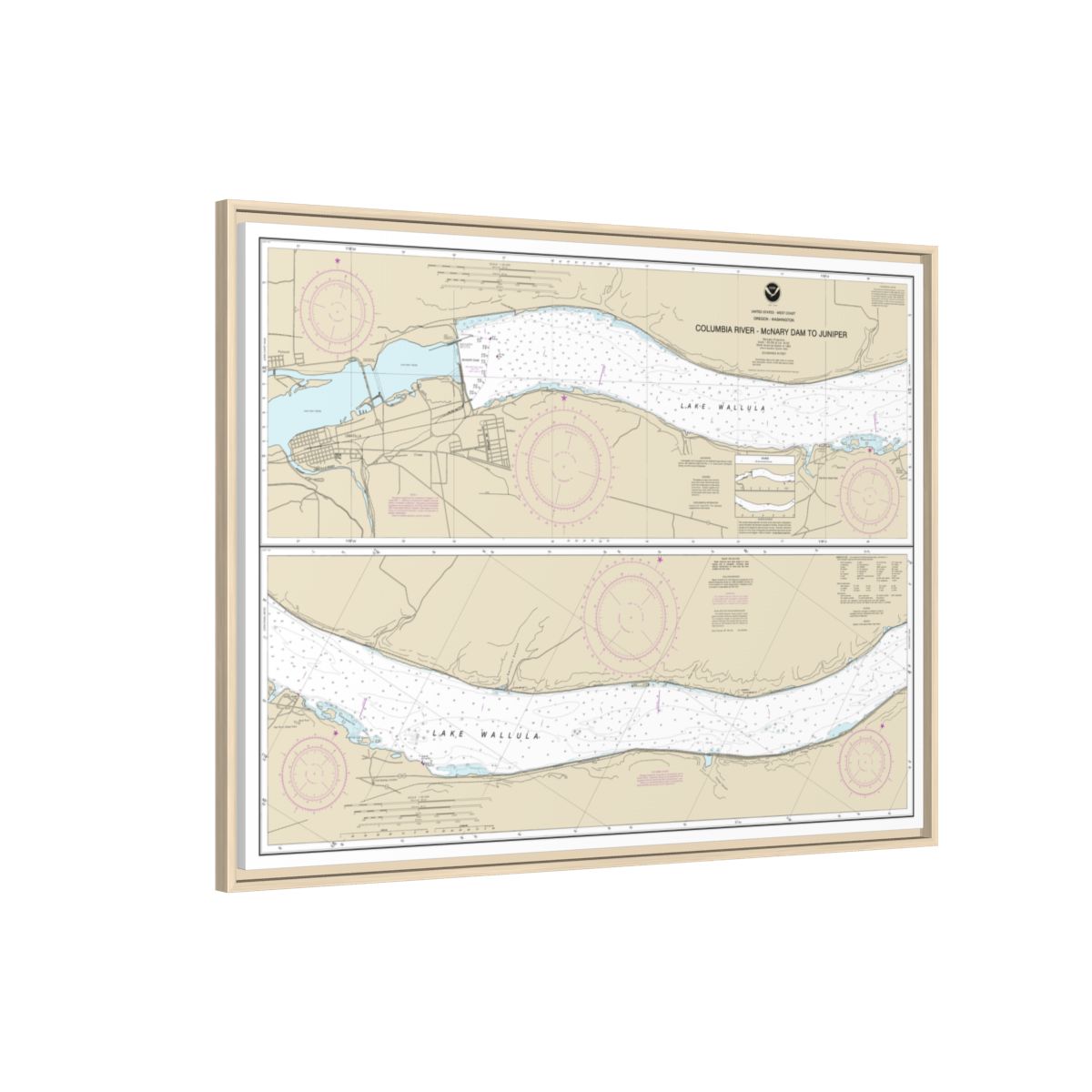 Chart 18541 Columbia River-McNary Dam to Juniper - NOAA Nautical Chart Floating Frame Canvas | 32" x 24" | 40" x 30" - Natural side