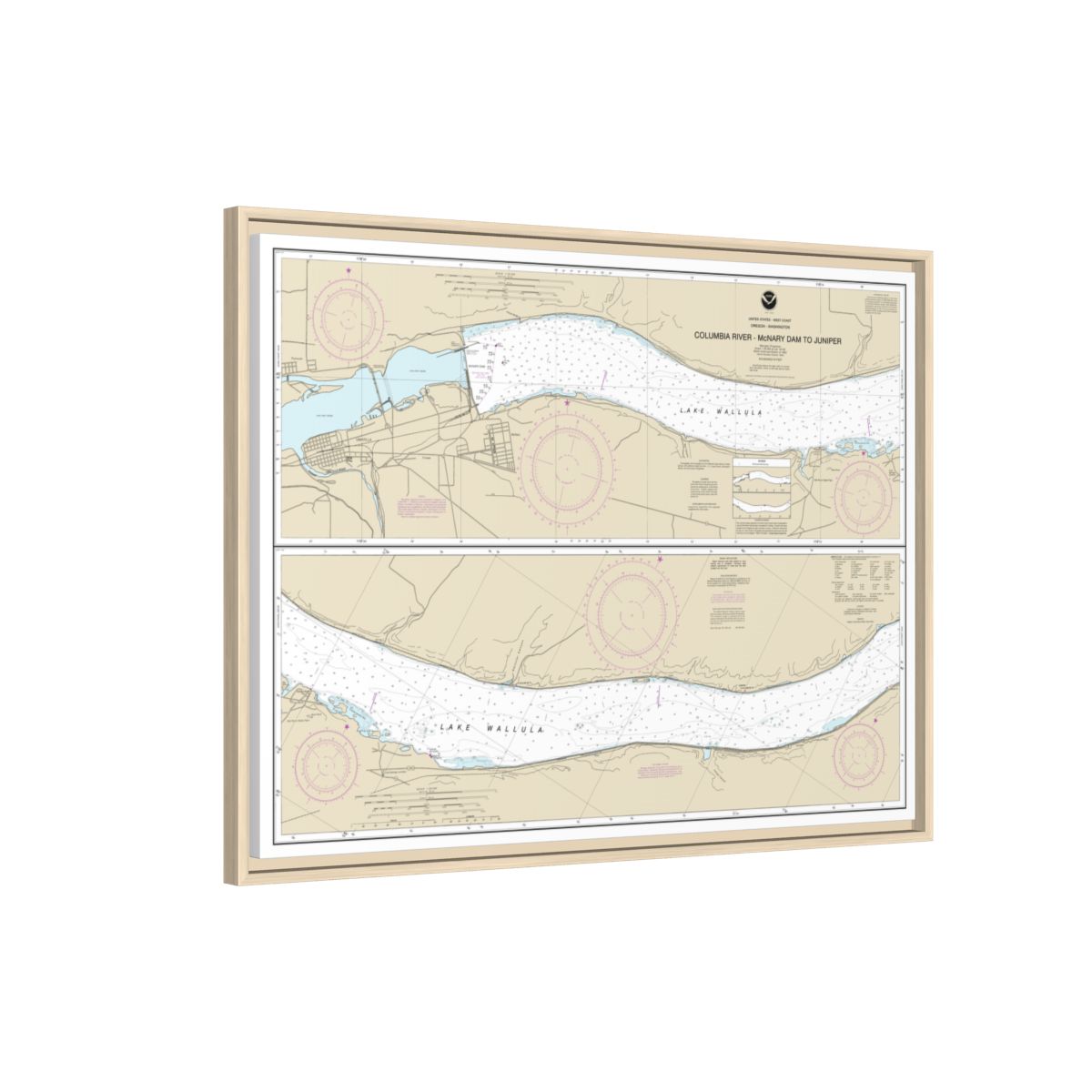 Chart 18541 Columbia River-McNary Dam to Juniper - NOAA Nautical Chart Floating Frame Canvas | 32" x 24" | 40" x 30" - Natural side