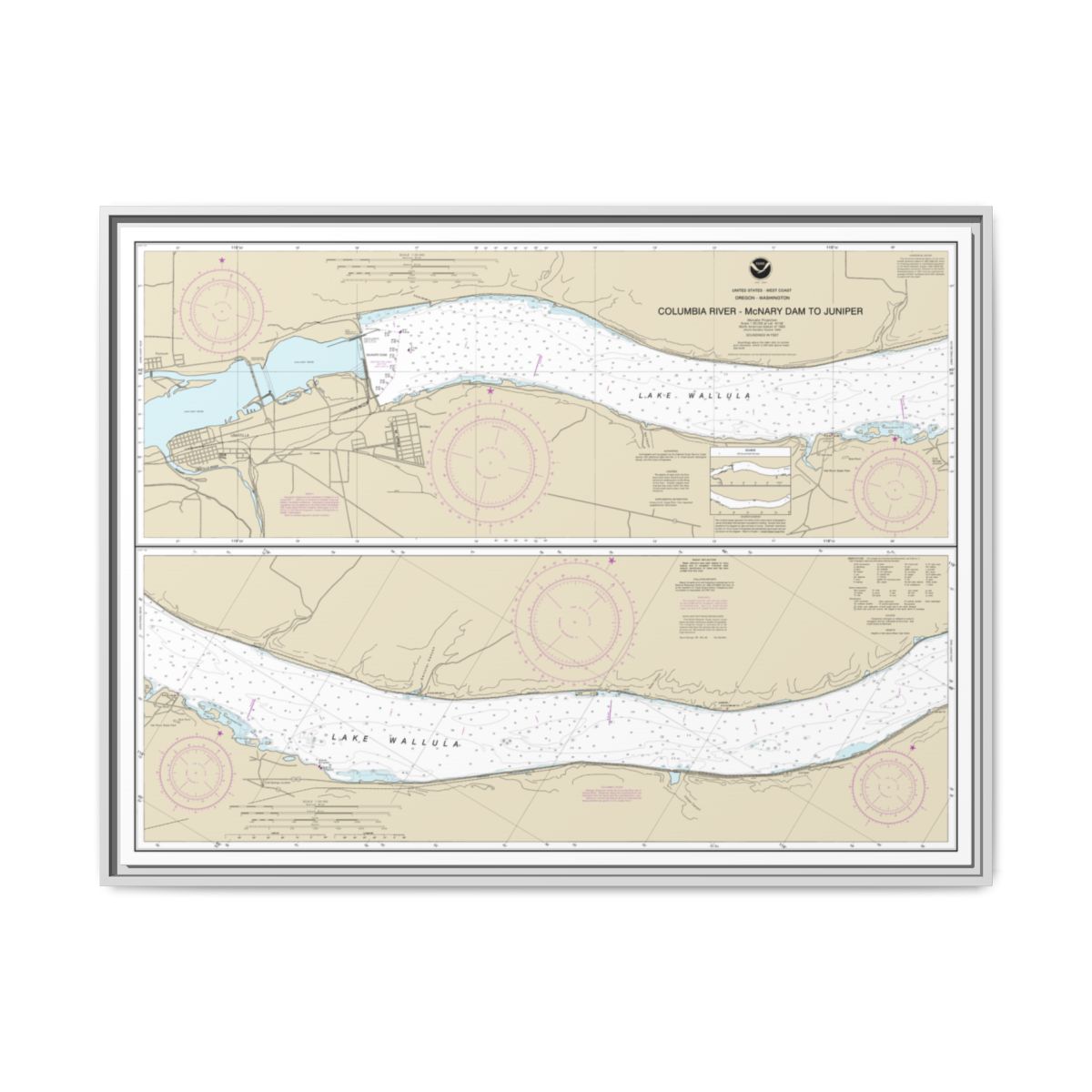 Chart 18541 Columbia River-McNary Dam to Juniper - NOAA Nautical Chart Floating Frame Canvas | 32" x 24" | 40" x 30" - White front