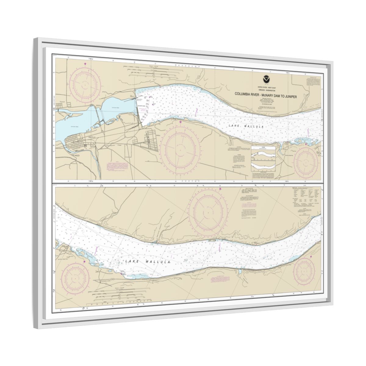 Chart 18541 Columbia River-McNary Dam to Juniper - NOAA Nautical Chart Floating Frame Canvas | 32" x 24" | 40" x 30" - White side