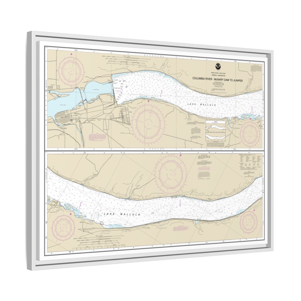 Chart 18541 Columbia River-McNary Dam to Juniper - NOAA Nautical Chart Floating Frame Canvas | 32" x 24" | 40" x 30" - White side