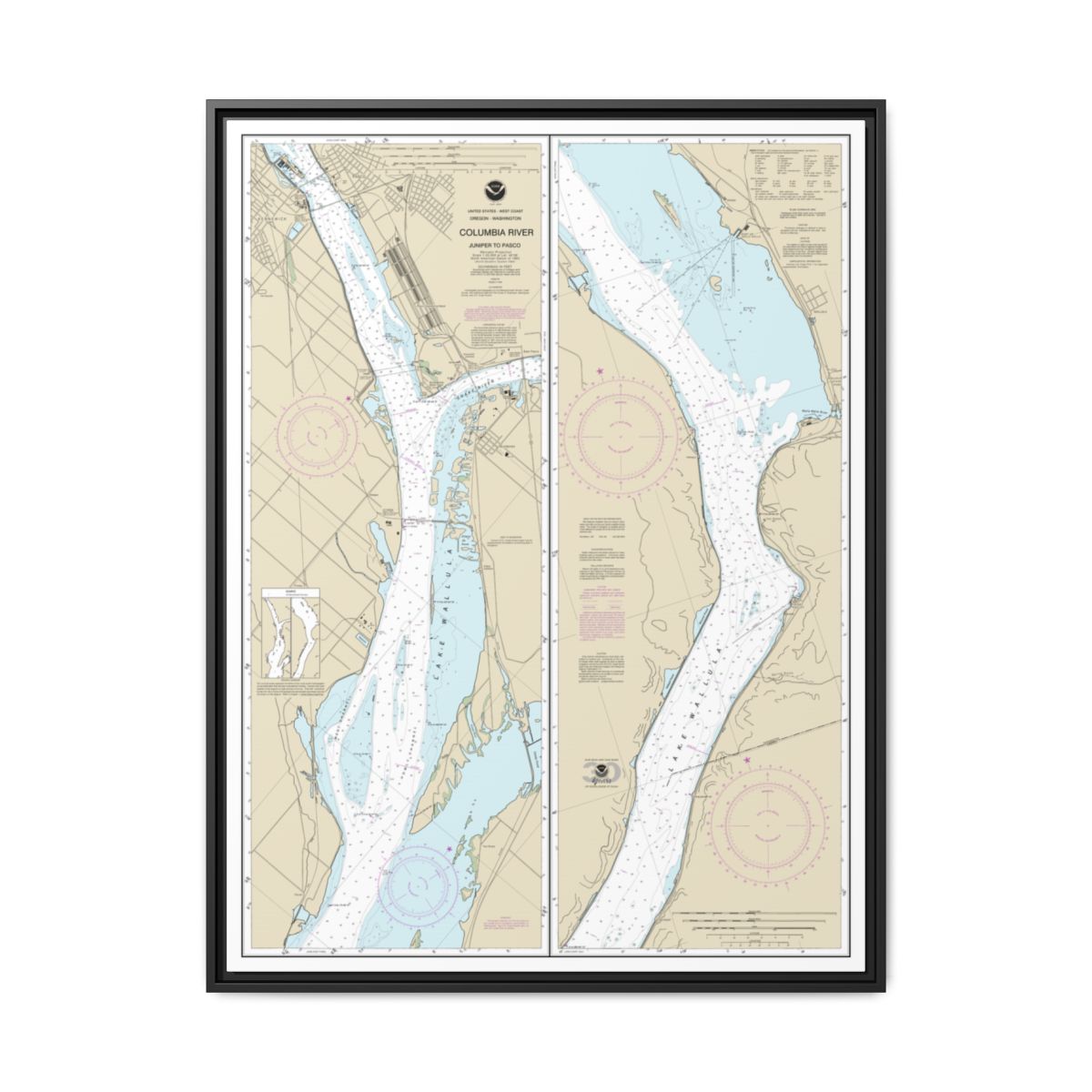 Chart 18542 Columbia River Juniper to Pasco - NOAA Nautical Chart Floating Frame Canvas | 24" x 32" | 30" x 40" - Black front