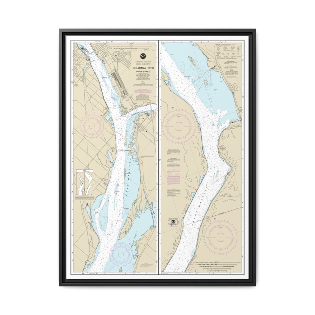 Chart 18542 Columbia River Juniper to Pasco - NOAA Nautical Chart Floating Frame Canvas | 24" x 32" | 30" x 40" - Black front