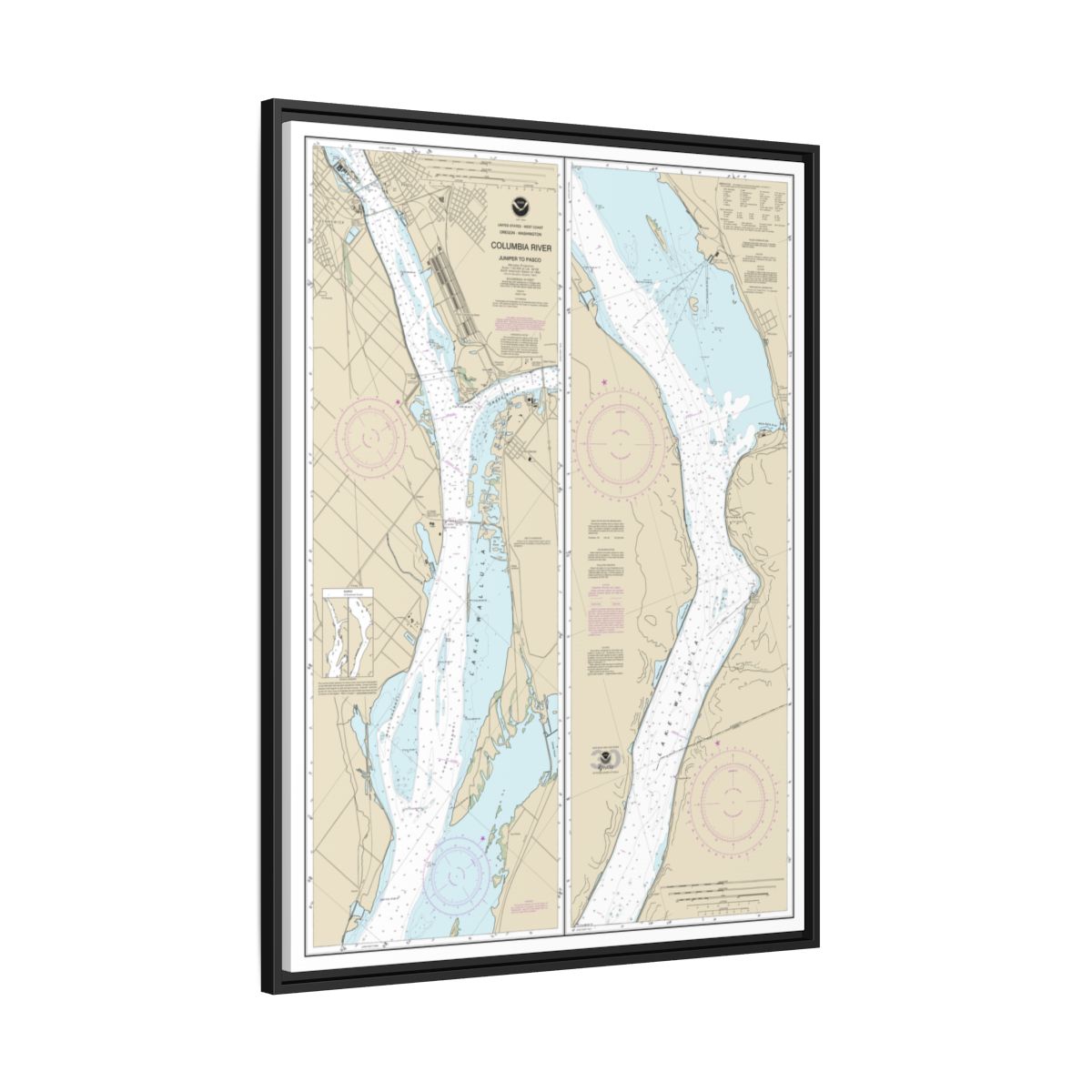 Chart 18542 Columbia River Juniper to Pasco - NOAA Nautical Chart Floating Frame Canvas | 24" x 32" | 30" x 40" - Black side