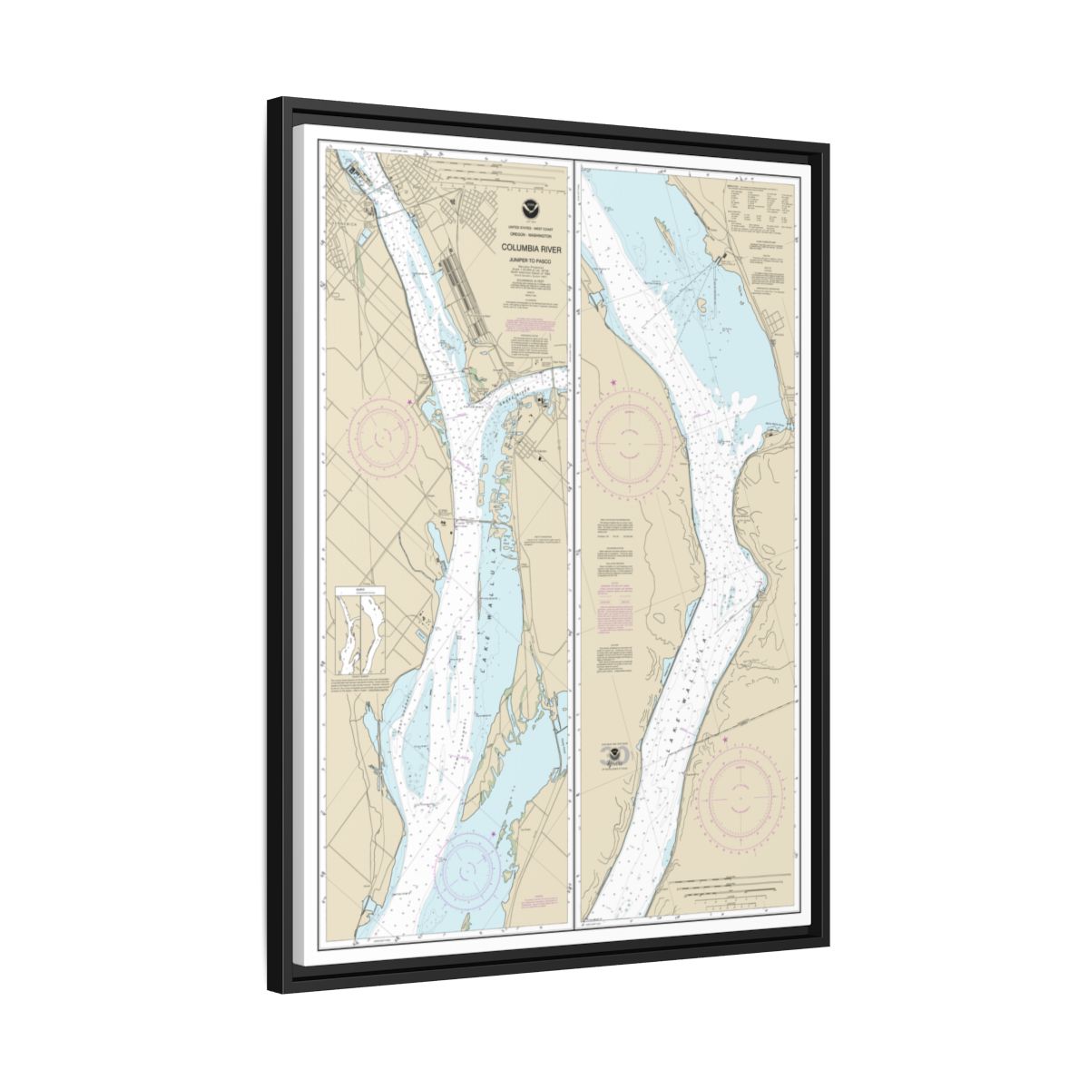 Chart 18542 Columbia River Juniper to Pasco - NOAA Nautical Chart Floating Frame Canvas | 24" x 32" | 30" x 40" - Black side