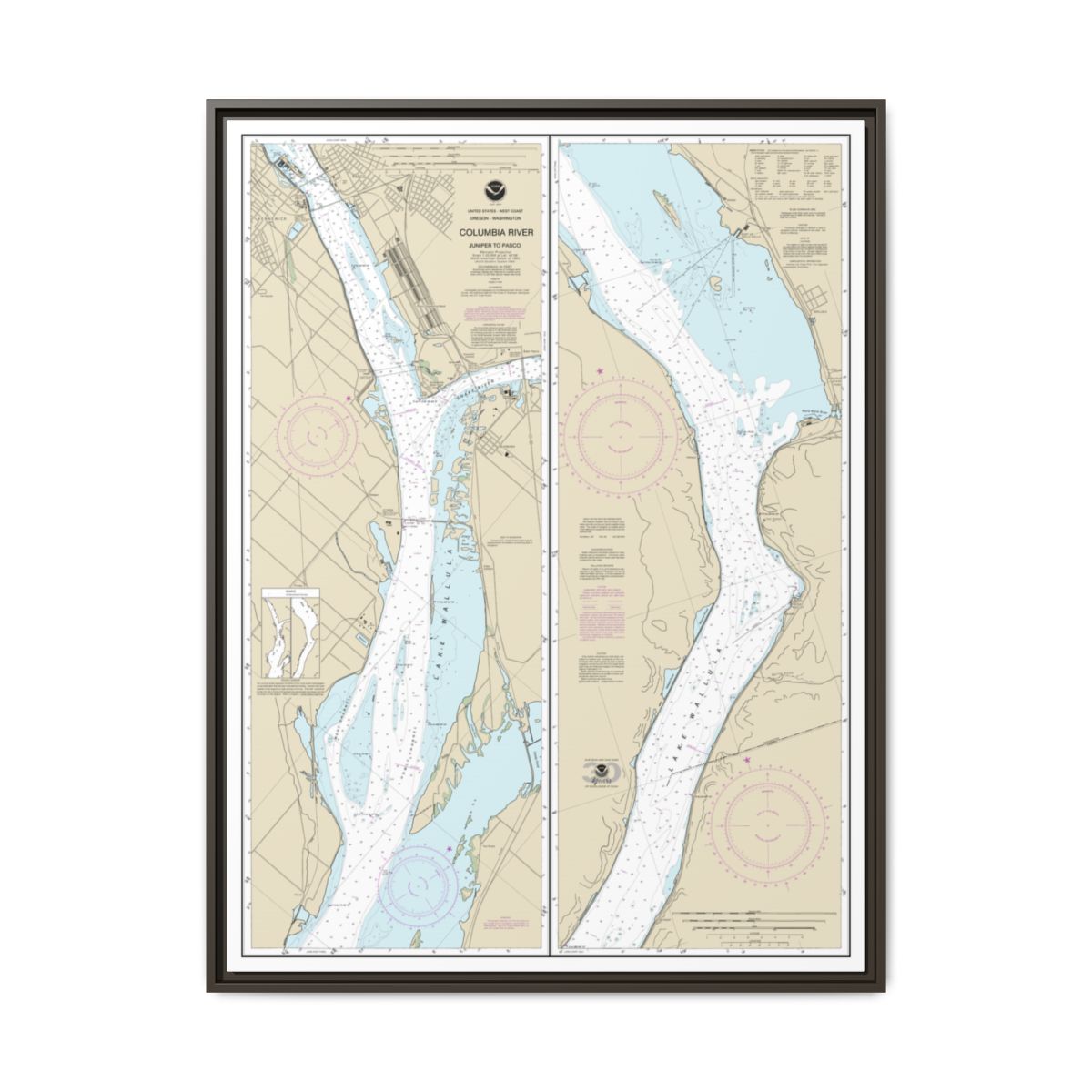 Chart 18542 Columbia River Juniper to Pasco - NOAA Nautical Chart Floating Frame Canvas | 24" x 32" | 30" x 40" - Espresso front