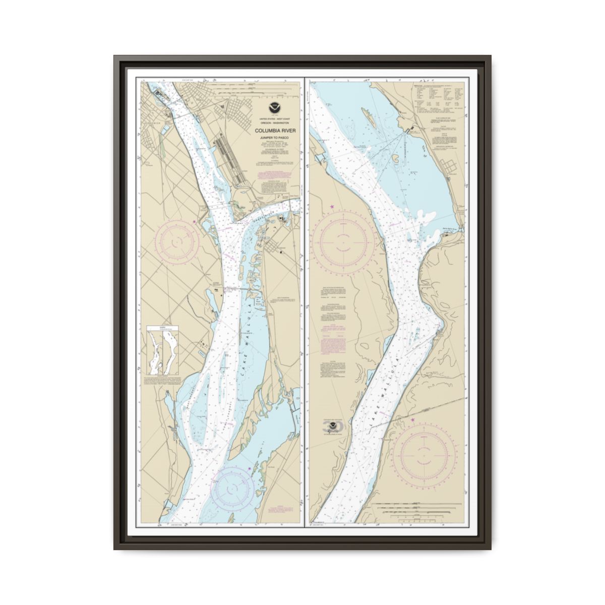 Chart 18542 Columbia River Juniper to Pasco - NOAA Nautical Chart Floating Frame Canvas | 24" x 32" | 30" x 40" - Espresso front