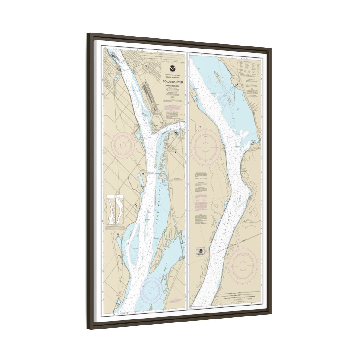 Chart 18542 Columbia River Juniper to Pasco - NOAA Nautical Chart Floating Frame Canvas | 24" x 32" | 30" x 40" - Espresso side