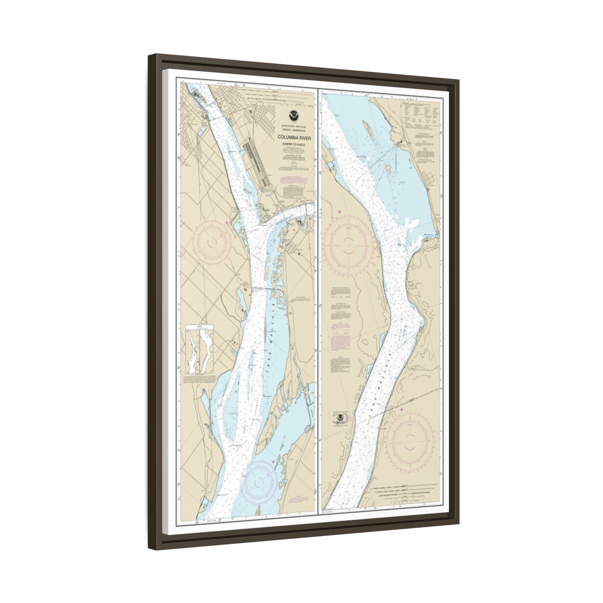 Chart 18542 Columbia River Juniper to Pasco - NOAA Nautical Chart Floating Frame Canvas | 24" x 32" | 30" x 40" - Espresso side