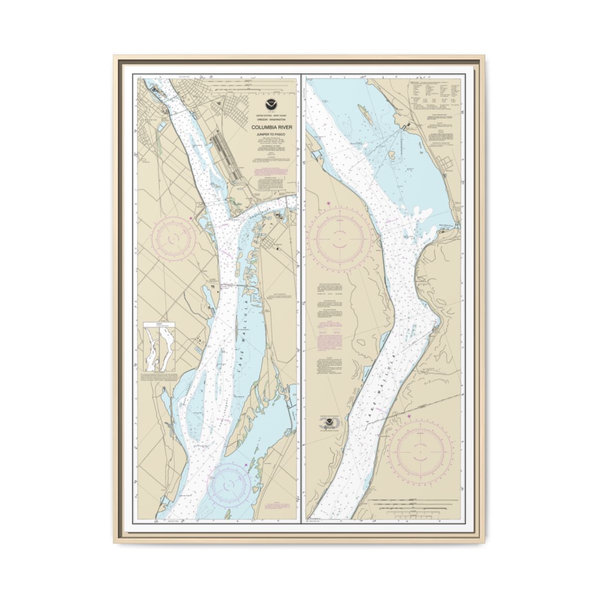 Chart 18542 Columbia River Juniper to Pasco - NOAA Nautical Chart Floating Frame Canvas | 24" x 32" | 30" x 40" - Natural front