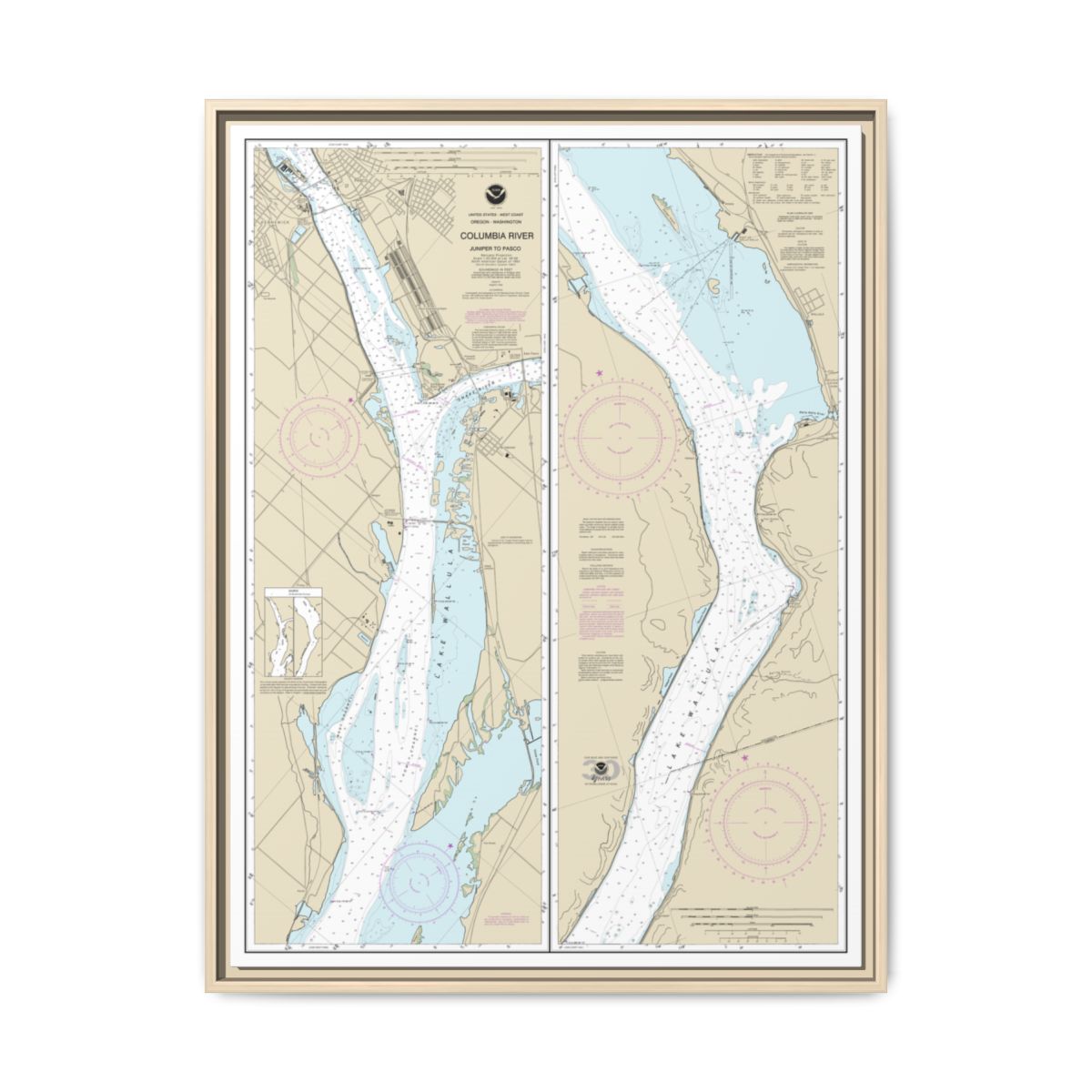 Chart 18542 Columbia River Juniper to Pasco - NOAA Nautical Chart Floating Frame Canvas | 24" x 32" | 30" x 40" - Natural front