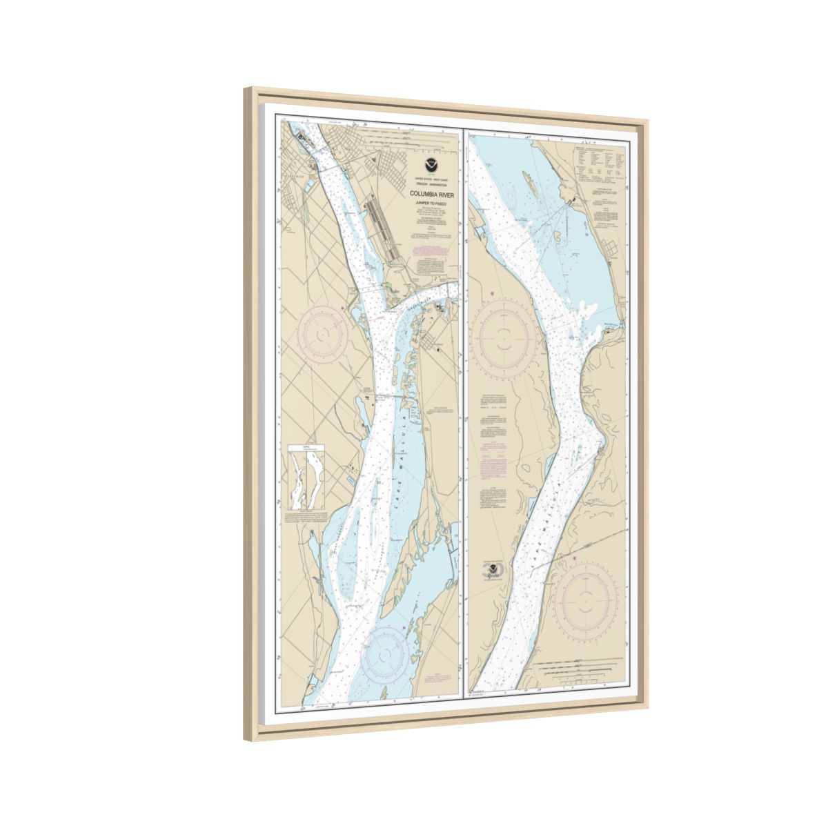 Chart 18542 Columbia River Juniper to Pasco - NOAA Nautical Chart Floating Frame Canvas | 24" x 32" | 30" x 40" - Natural side