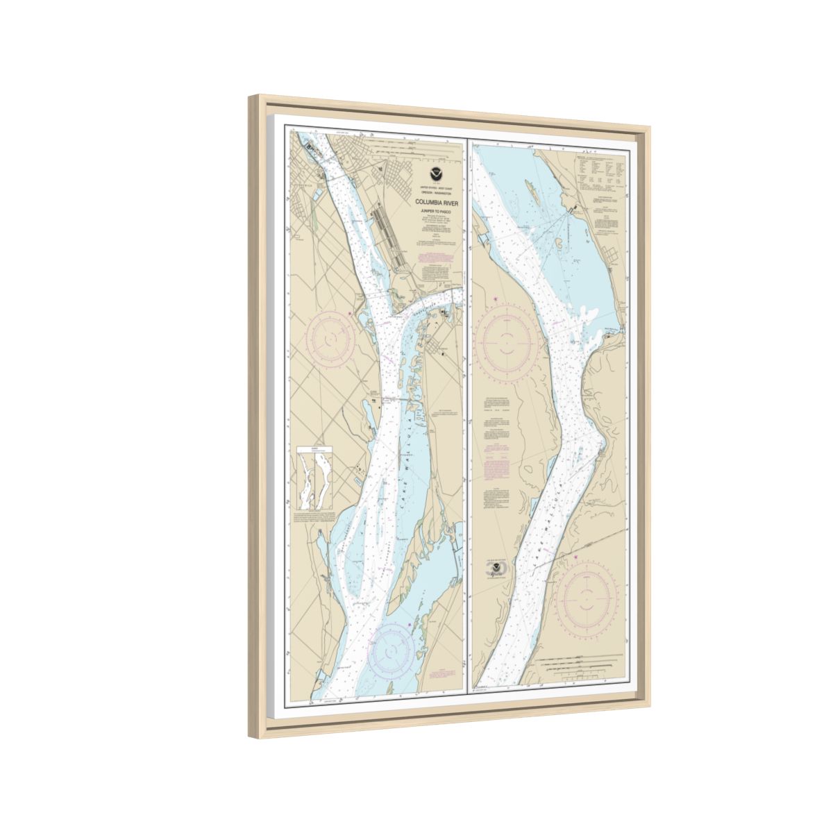 Chart 18542 Columbia River Juniper to Pasco - NOAA Nautical Chart Floating Frame Canvas | 24" x 32" | 30" x 40" - Natural side