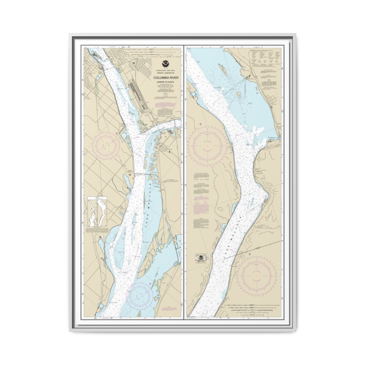 Chart 18542 Columbia River Juniper to Pasco - NOAA Nautical Chart Floating Frame Canvas | 24" x 32" | 30" x 40" - White front