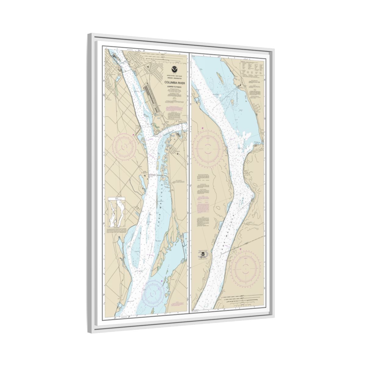 Chart 18542 Columbia River Juniper to Pasco - NOAA Nautical Chart Floating Frame Canvas | 24" x 32" | 30" x 40" - White side