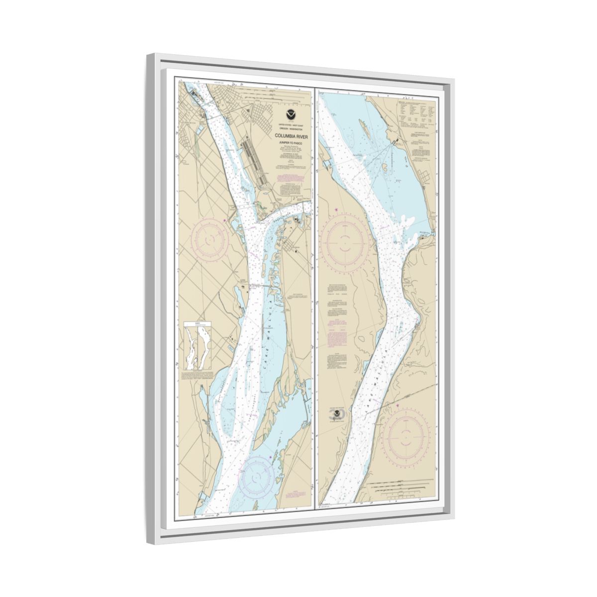 Chart 18542 Columbia River Juniper to Pasco - NOAA Nautical Chart Floating Frame Canvas | 24" x 32" | 30" x 40" - White side