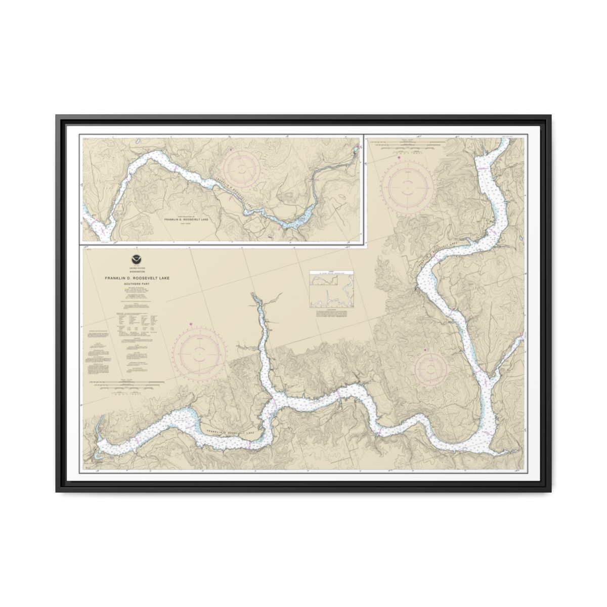 Chart 18551 FRANKLIN D. ROOSEVELT LAKE Southern part - NOAA Nautical Chart Floating Frame Canvas | 32" x 24" | 40" x 30" - Black front