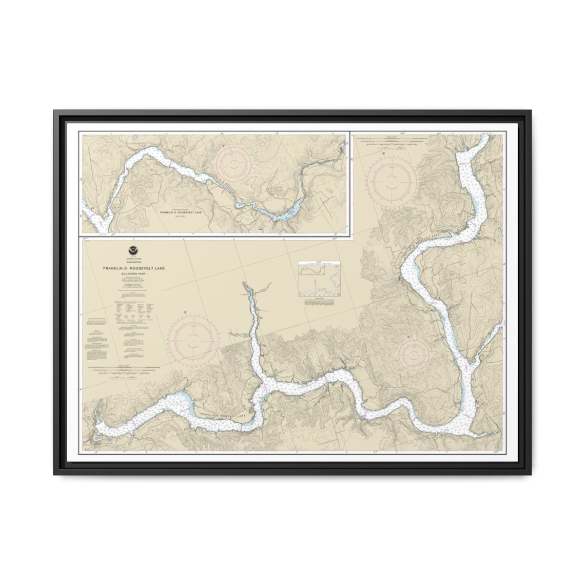 Chart 18551 FRANKLIN D. ROOSEVELT LAKE Southern part - NOAA Nautical Chart Floating Frame Canvas | 32" x 24" | 40" x 30" - Black front