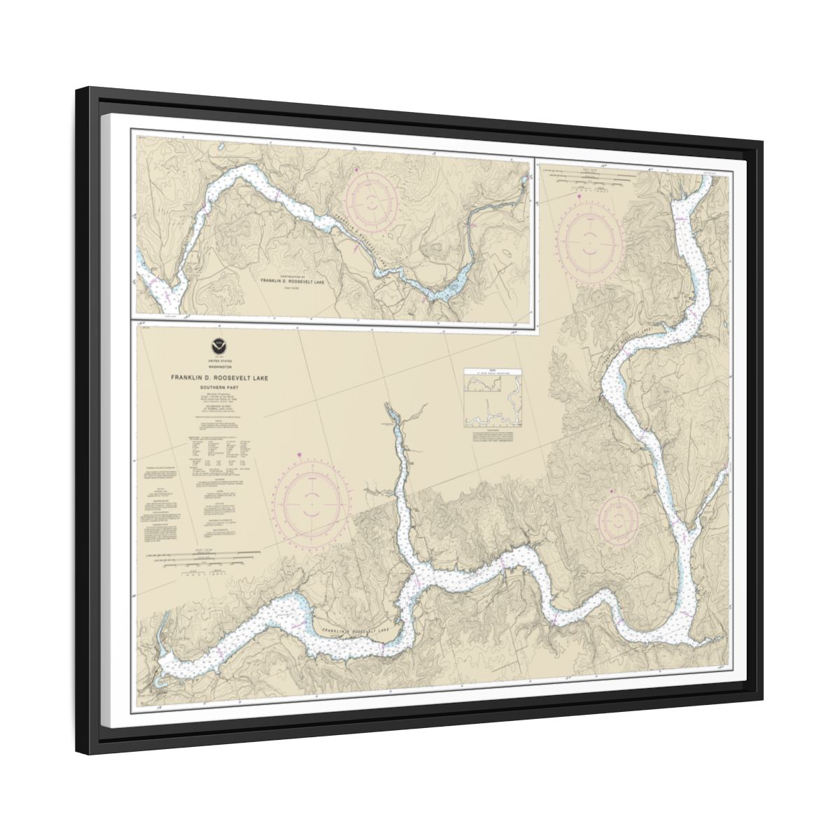 Chart 18551 FRANKLIN D. ROOSEVELT LAKE Southern part - NOAA Nautical Chart Floating Frame Canvas | 32" x 24" | 40" x 30" - Black side