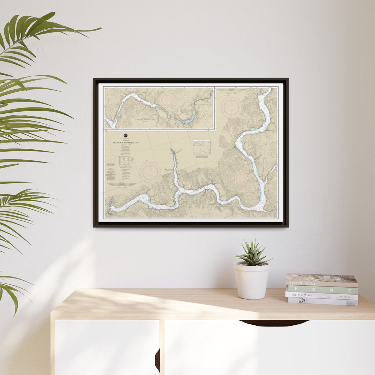 Chart 18551 FRANKLIN D. ROOSEVELT LAKE Southern part - NOAA Nautical Chart Floating Frame Canvas | 32" x 24" | 40" x 30" - Espresso context-1