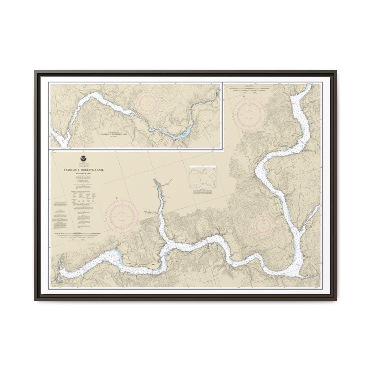 Chart 18551 FRANKLIN D. ROOSEVELT LAKE Southern part - NOAA Nautical Chart Floating Frame Canvas | 32" x 24" | 40" x 30" - Espresso front