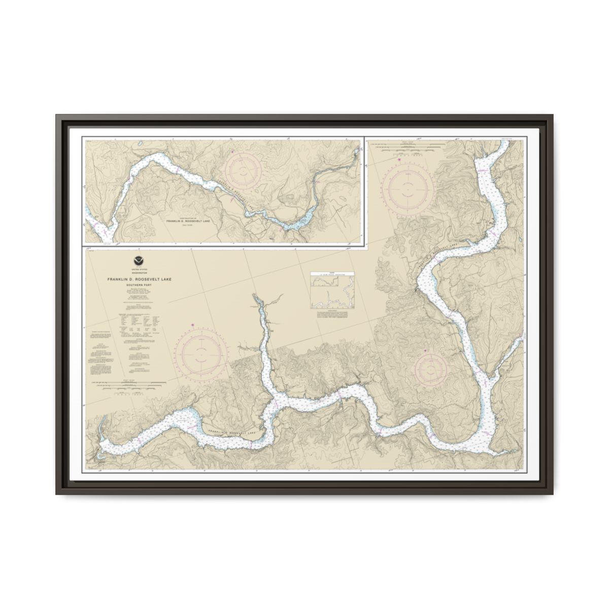 Chart 18551 FRANKLIN D. ROOSEVELT LAKE Southern part - NOAA Nautical Chart Floating Frame Canvas | 32" x 24" | 40" x 30" - Espresso front