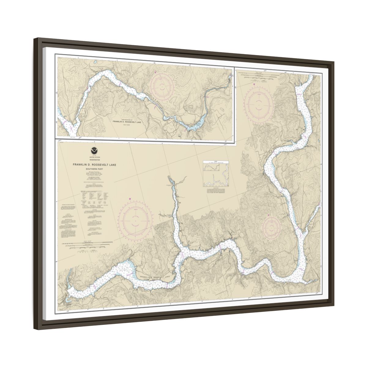 Chart 18551 FRANKLIN D. ROOSEVELT LAKE Southern part - NOAA Nautical Chart Floating Frame Canvas | 32" x 24" | 40" x 30" - Espresso side
