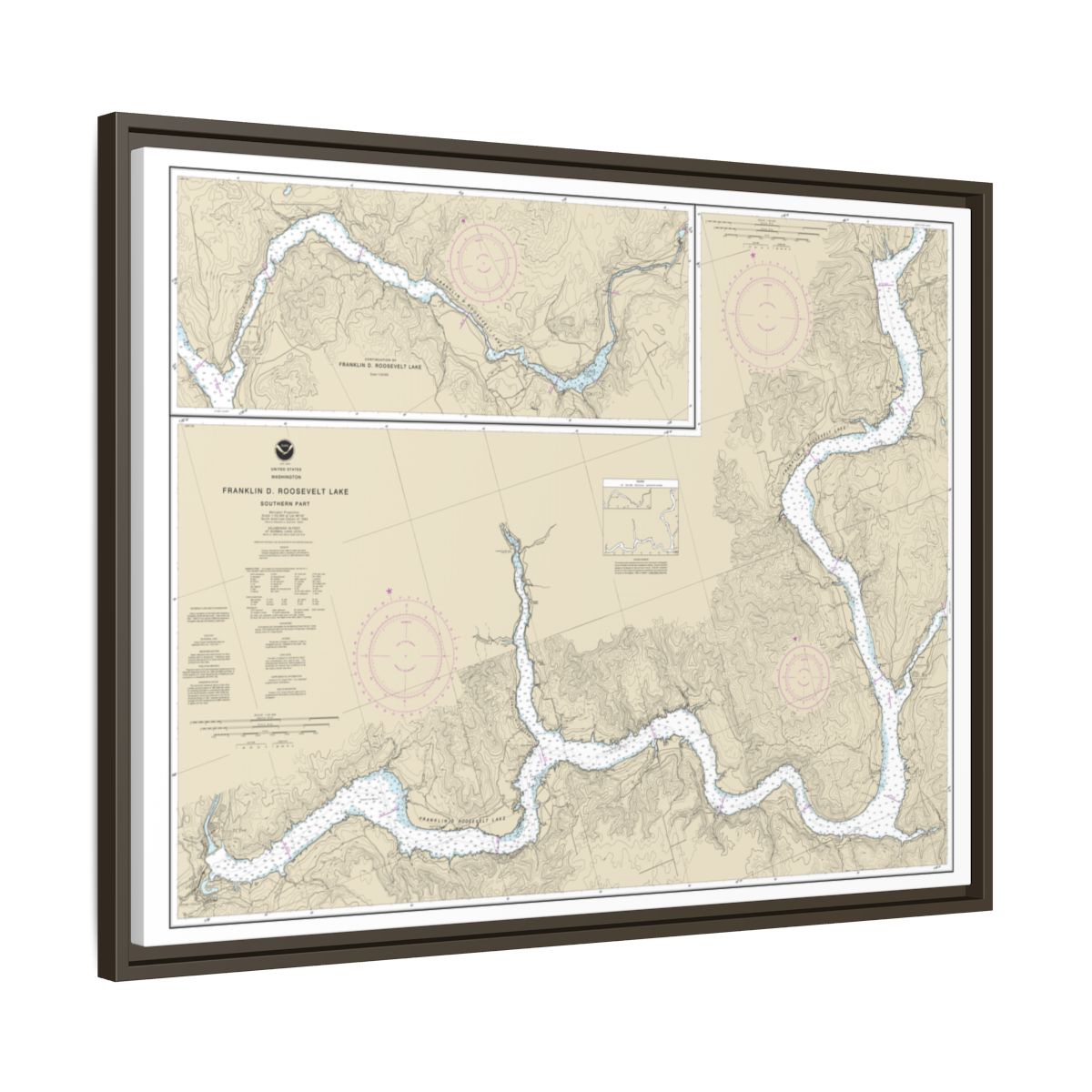 Chart 18551 FRANKLIN D. ROOSEVELT LAKE Southern part - NOAA Nautical Chart Floating Frame Canvas | 32" x 24" | 40" x 30" - Espresso side