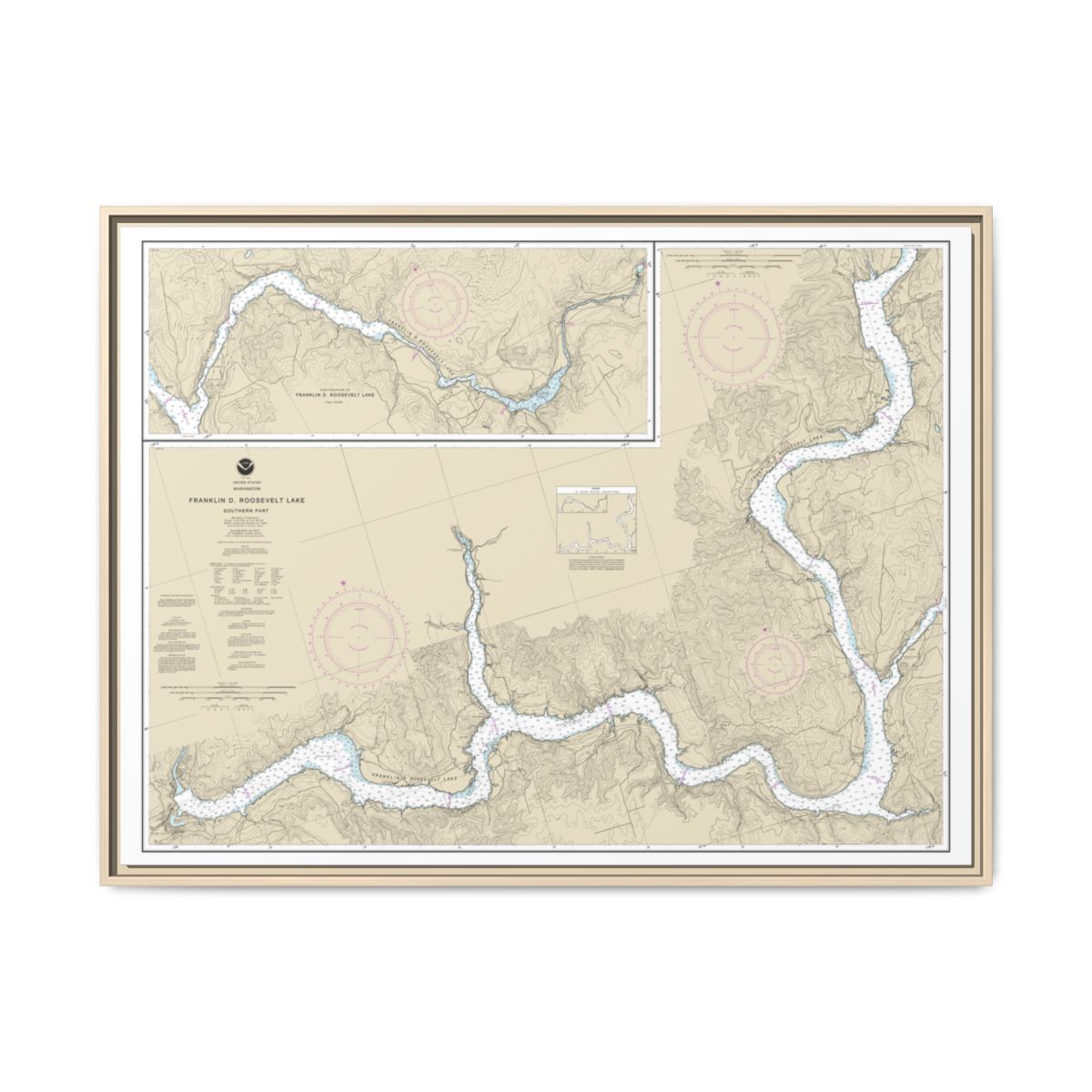 Chart 18551 FRANKLIN D. ROOSEVELT LAKE Southern part - NOAA Nautical Chart Floating Frame Canvas | 32" x 24" | 40" x 30" - Natural front