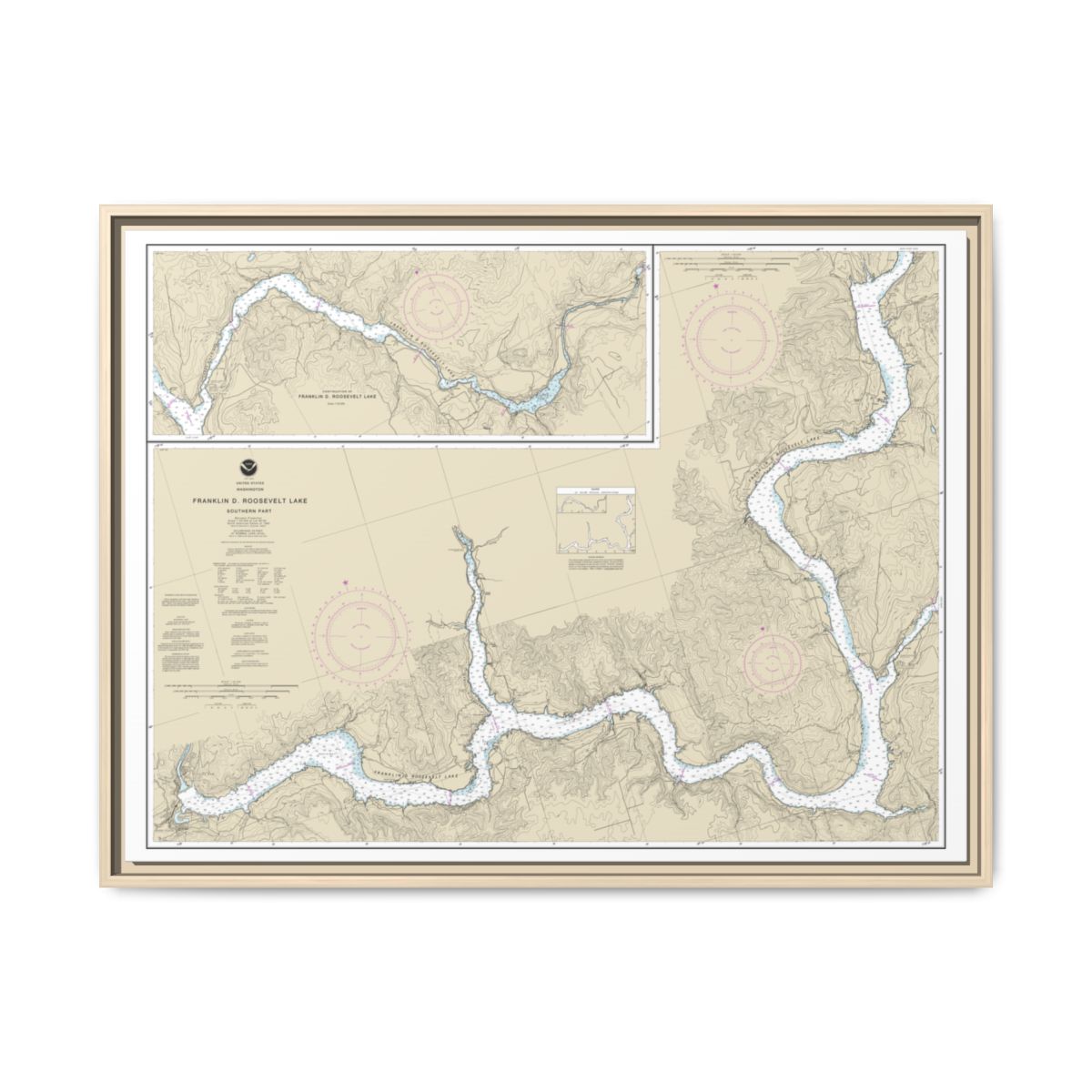 Chart 18551 FRANKLIN D. ROOSEVELT LAKE Southern part - NOAA Nautical Chart Floating Frame Canvas | 32" x 24" | 40" x 30" - Natural front