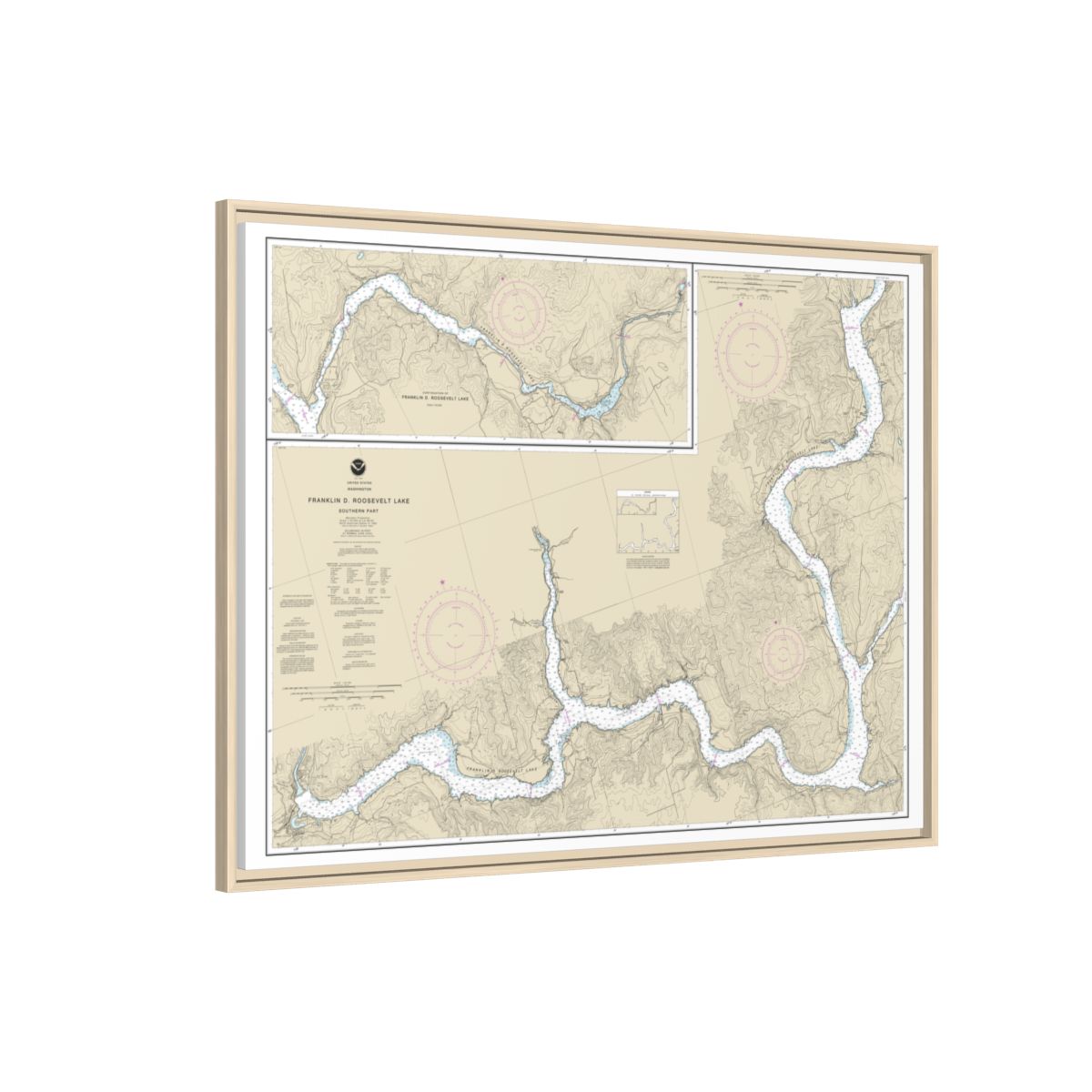 Chart 18551 FRANKLIN D. ROOSEVELT LAKE Southern part - NOAA Nautical Chart Floating Frame Canvas | 32" x 24" | 40" x 30" - Natural side