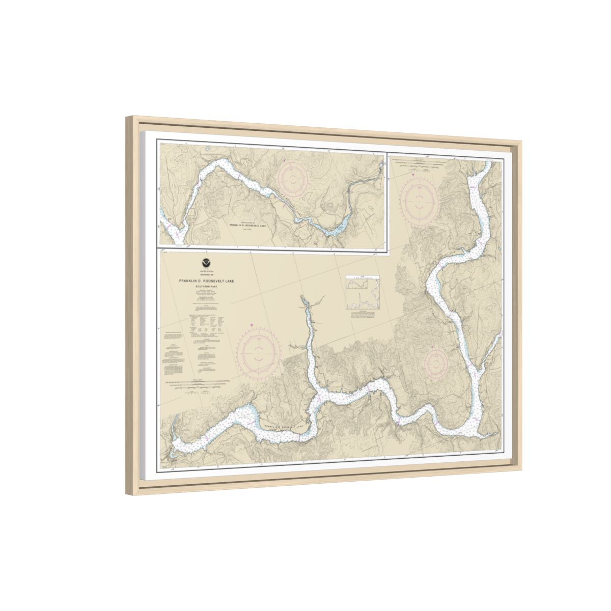 Chart 18551 FRANKLIN D. ROOSEVELT LAKE Southern part - NOAA Nautical Chart Floating Frame Canvas | 32" x 24" | 40" x 30" - Natural side