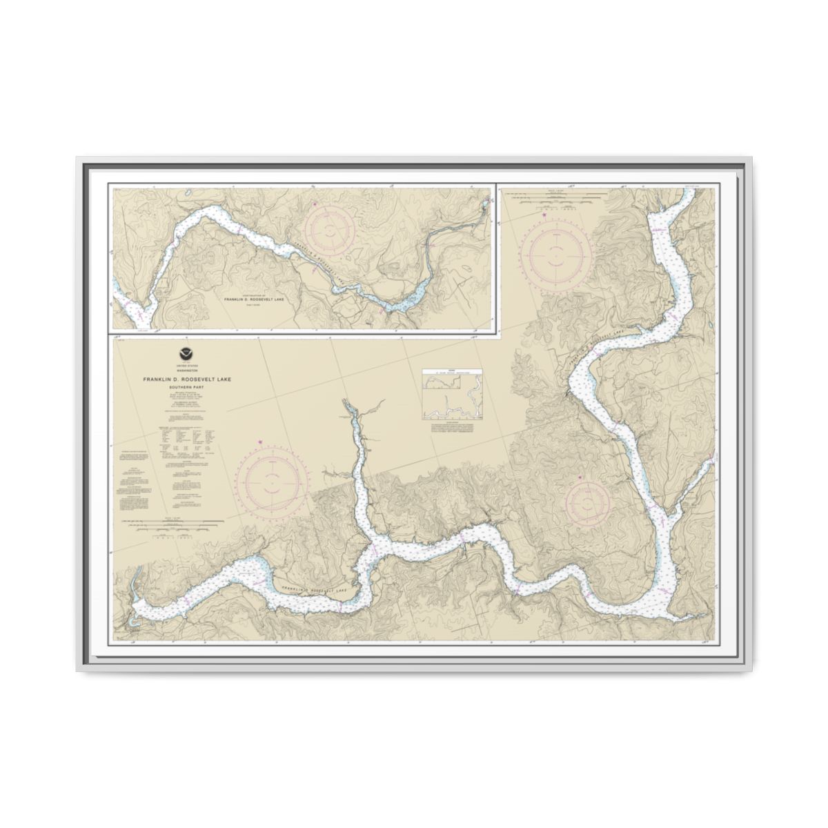 Chart 18551 FRANKLIN D. ROOSEVELT LAKE Southern part - NOAA Nautical Chart Floating Frame Canvas | 32" x 24" | 40" x 30" - White front