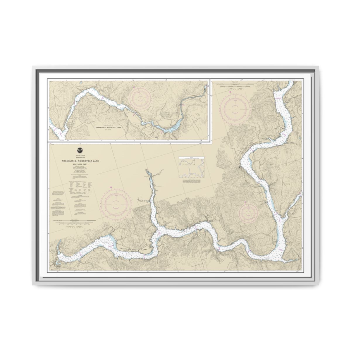 Chart 18551 FRANKLIN D. ROOSEVELT LAKE Southern part - NOAA Nautical Chart Floating Frame Canvas | 32" x 24" | 40" x 30" - White front