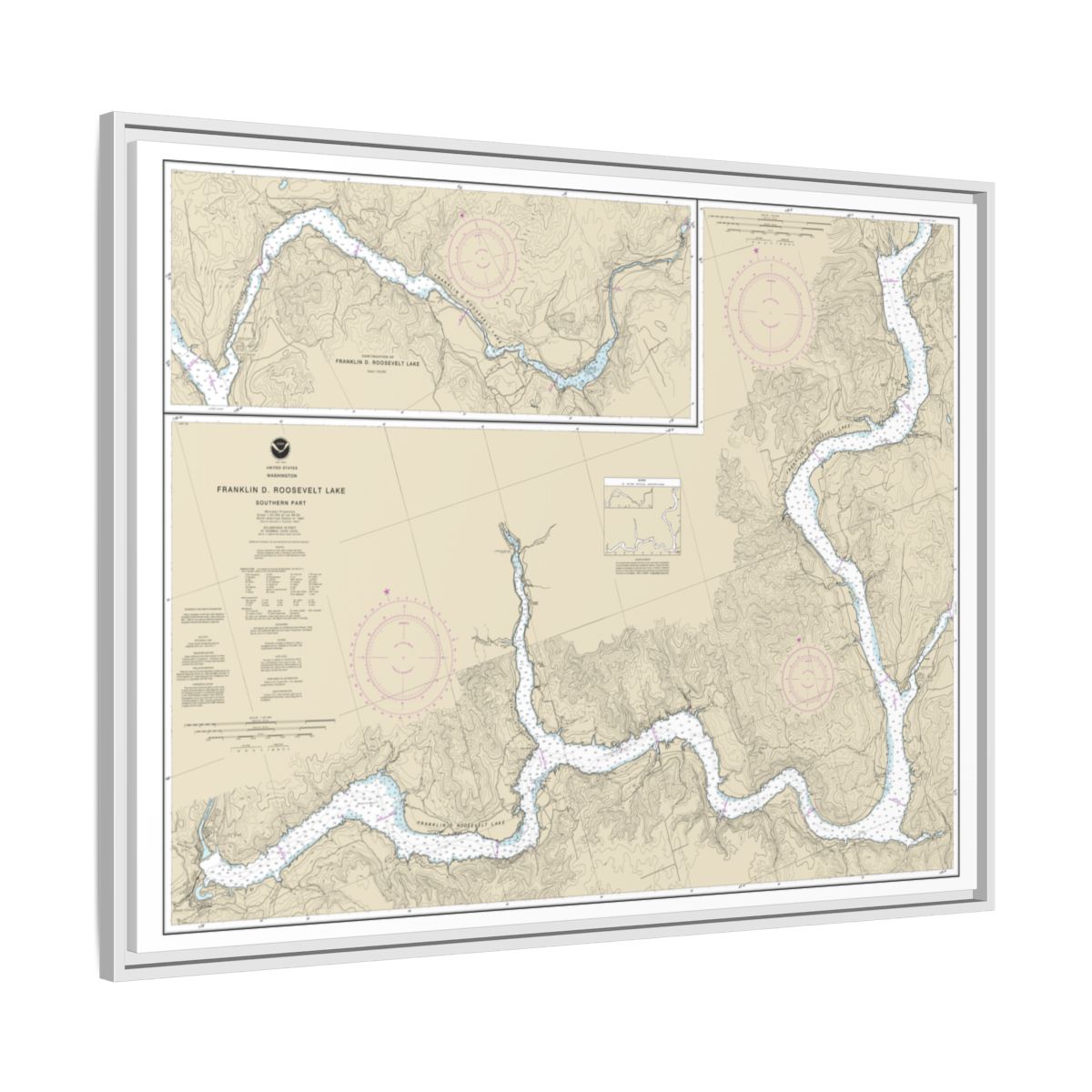 Chart 18551 FRANKLIN D. ROOSEVELT LAKE Southern part - NOAA Nautical Chart Floating Frame Canvas | 32" x 24" | 40" x 30" - White side