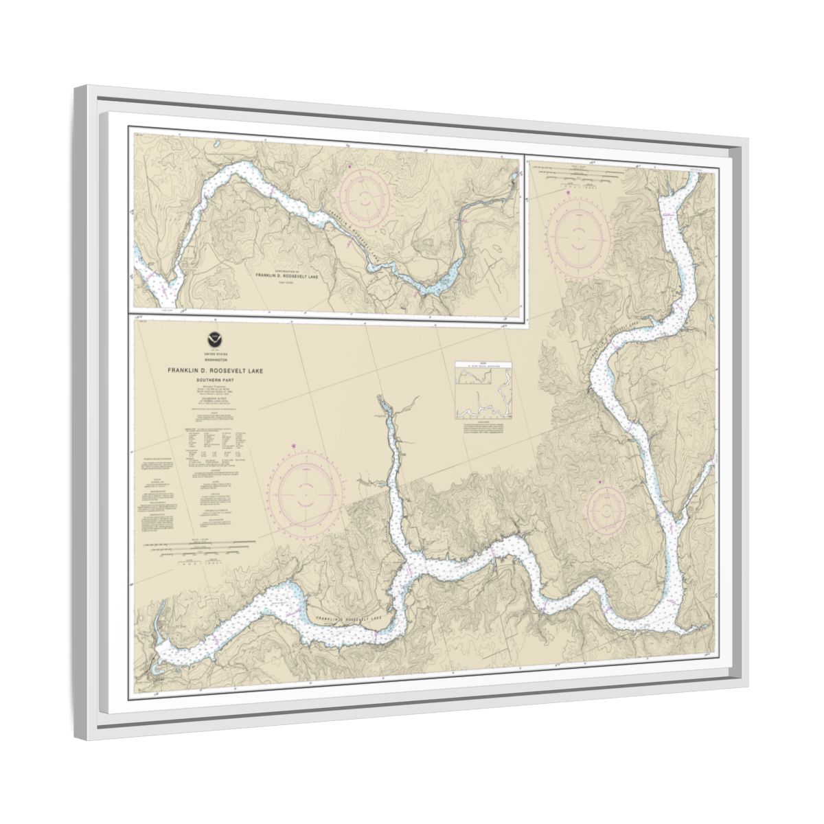 Chart 18551 FRANKLIN D. ROOSEVELT LAKE Southern part - NOAA Nautical Chart Floating Frame Canvas | 32" x 24" | 40" x 30" - White side