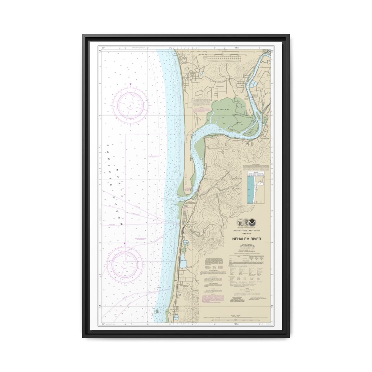 Chart 18556 Nehalem River - NOAA Nautical Chart Floating Frame Canvas | 20" x 30" | 24" x 36" | 32" x 48" - Black front